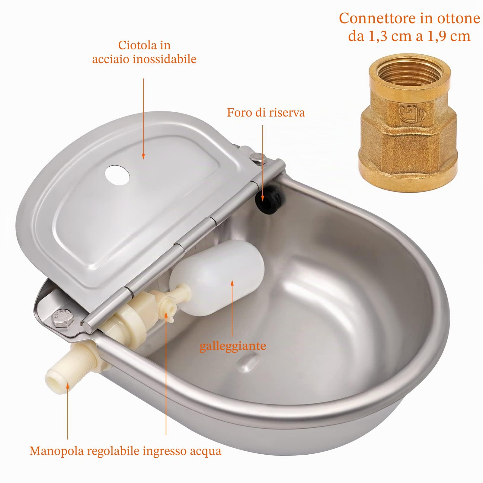 Abbeveratoio per Animali Domestici in Acciaio Inox Con Connettore, Ciotola per Acqua Automatica con Valvola A Galleggiante Regolabile Per Bovini, Maiali, Pecore, Cani