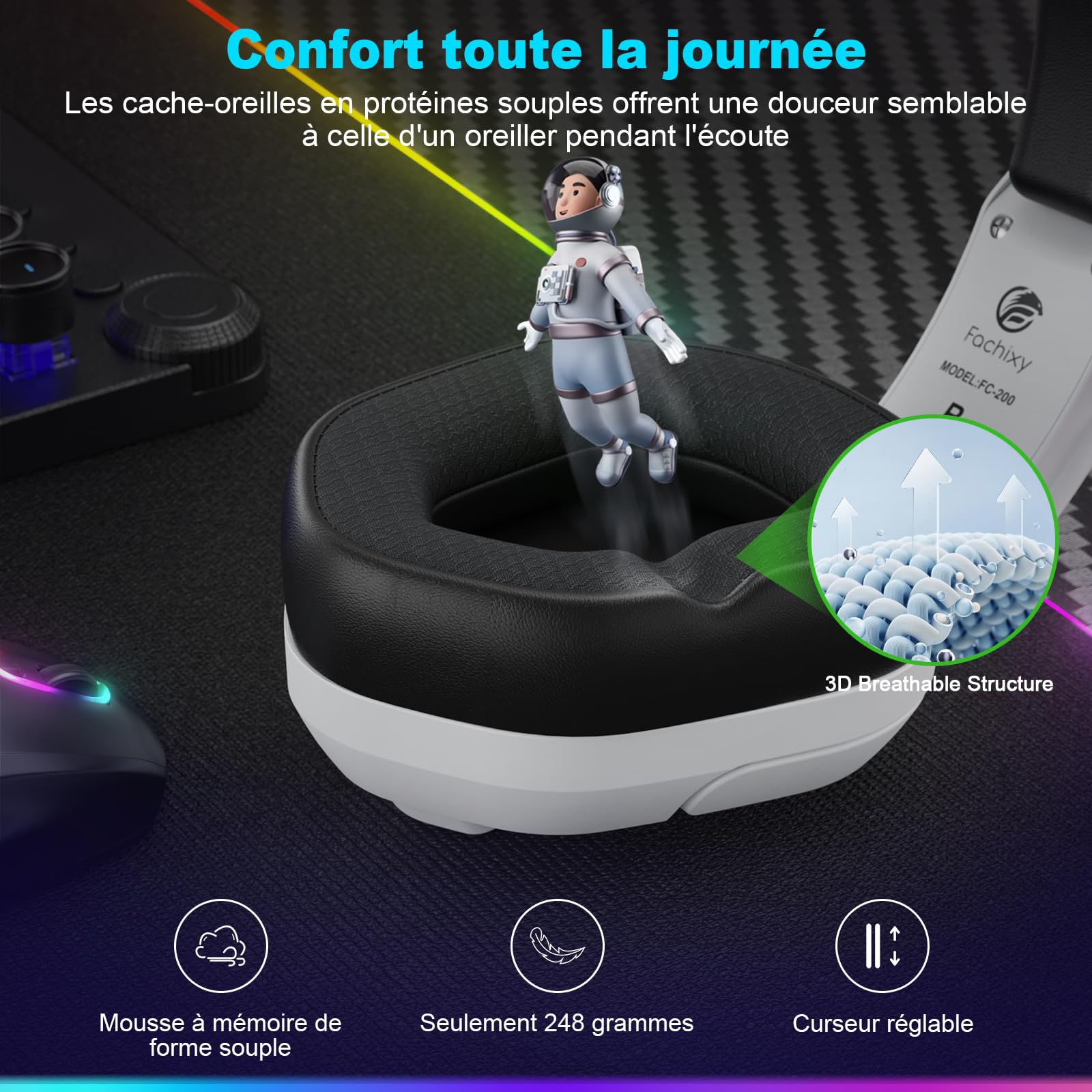 Fachixy FC200「2025 Nouvelle」Casque de Jeu sans Fil pour PS5, PS4, PC - Casque Pliable USB 2,4 GHz avec Micro - Bluetooth stéréo 3D avec autonomie de 50 Heures, pour Mac, Switch, Mobile, Blanc-Noir