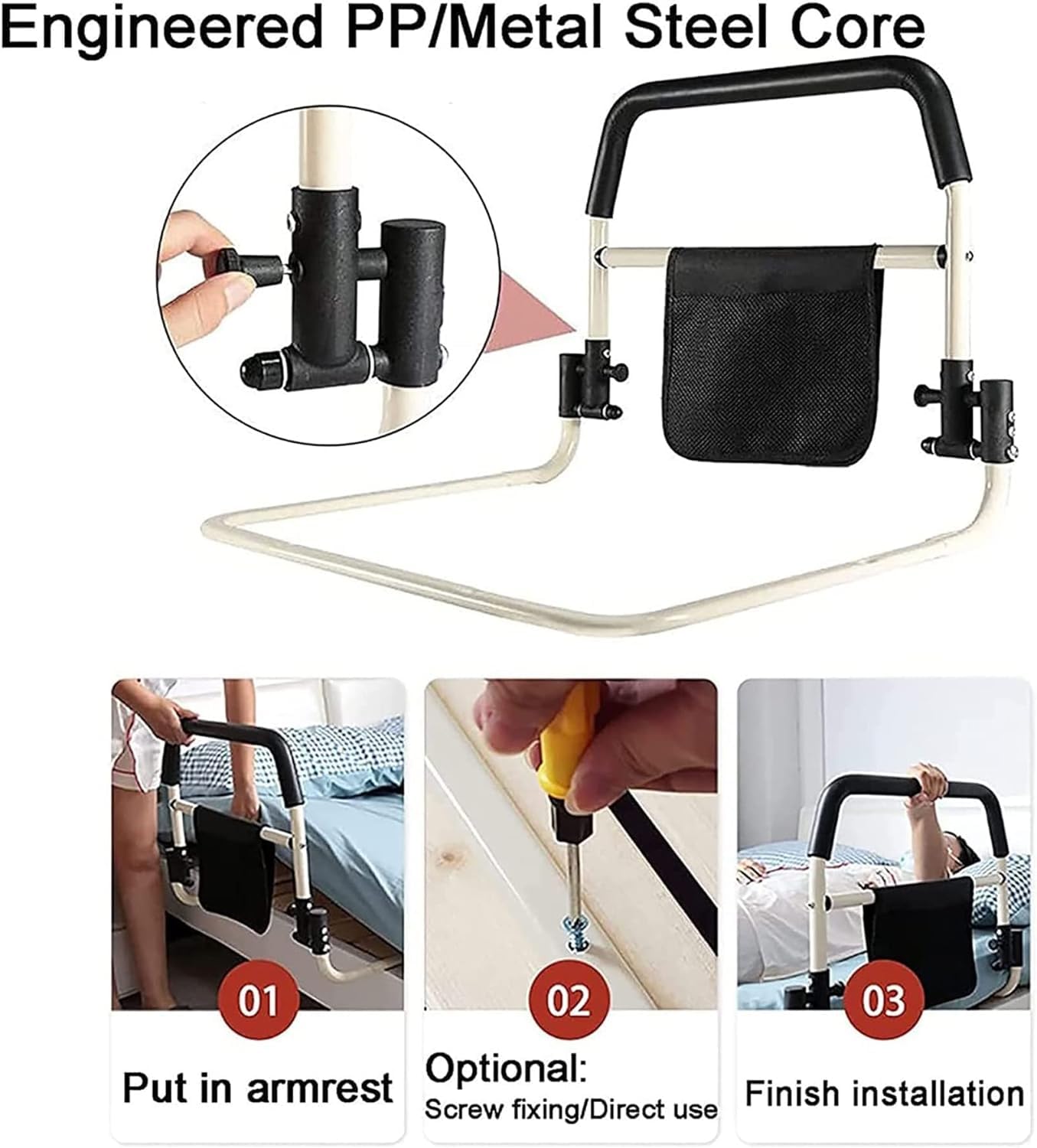 Guida di supporto letto in acciaio al carbonio | Sponda letto pieghevole in acciaio al carbonio con tasca portaoggetti: sponda for assistenza medica