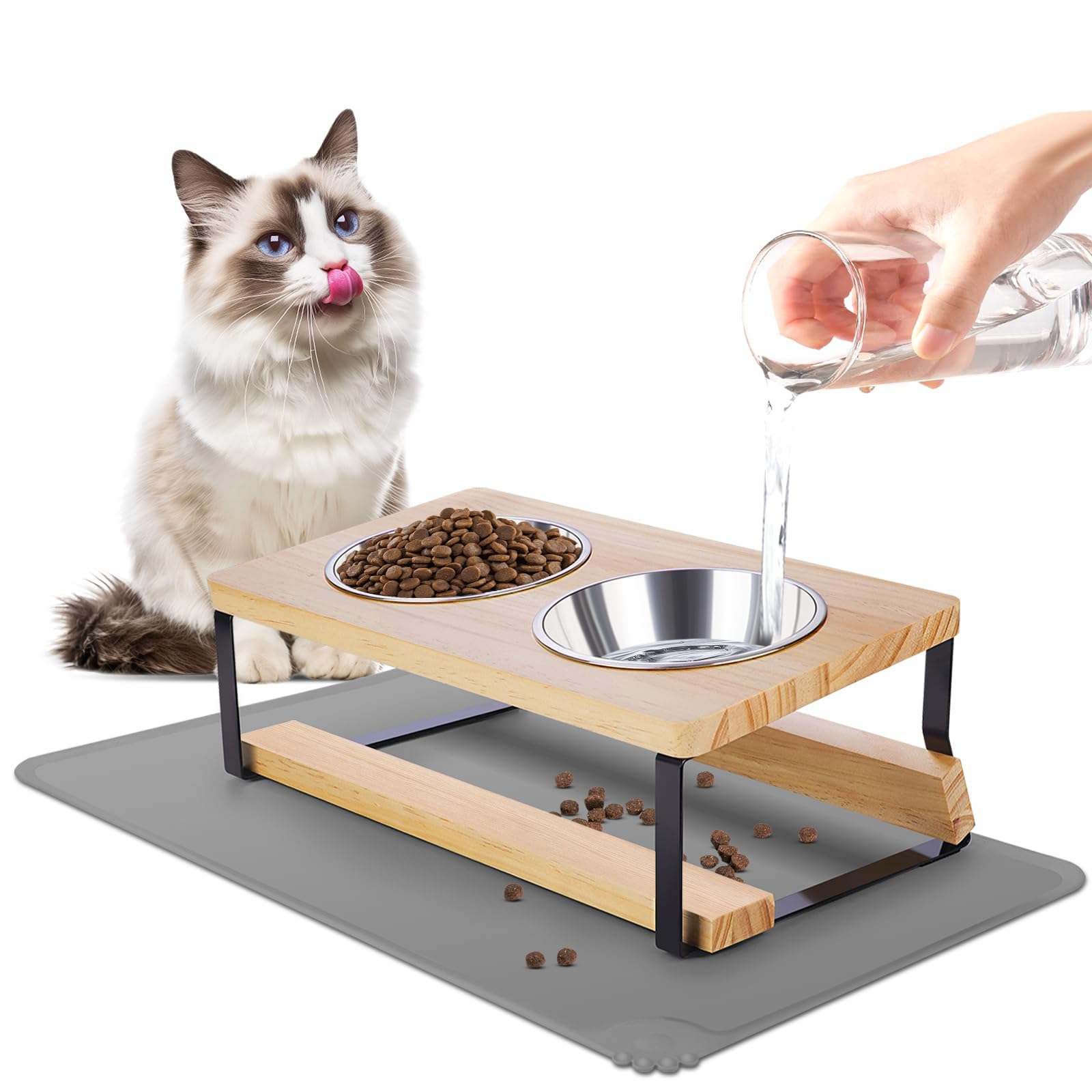 OIENNI Elevated Cat Bowls with Food Mat, 15°Tilted Stand Anti Vomiting Raised Cat Dishes for Food and Water, Feeding Station with 2 Stainless Steel Bowls for Indoor Cats and Puppy