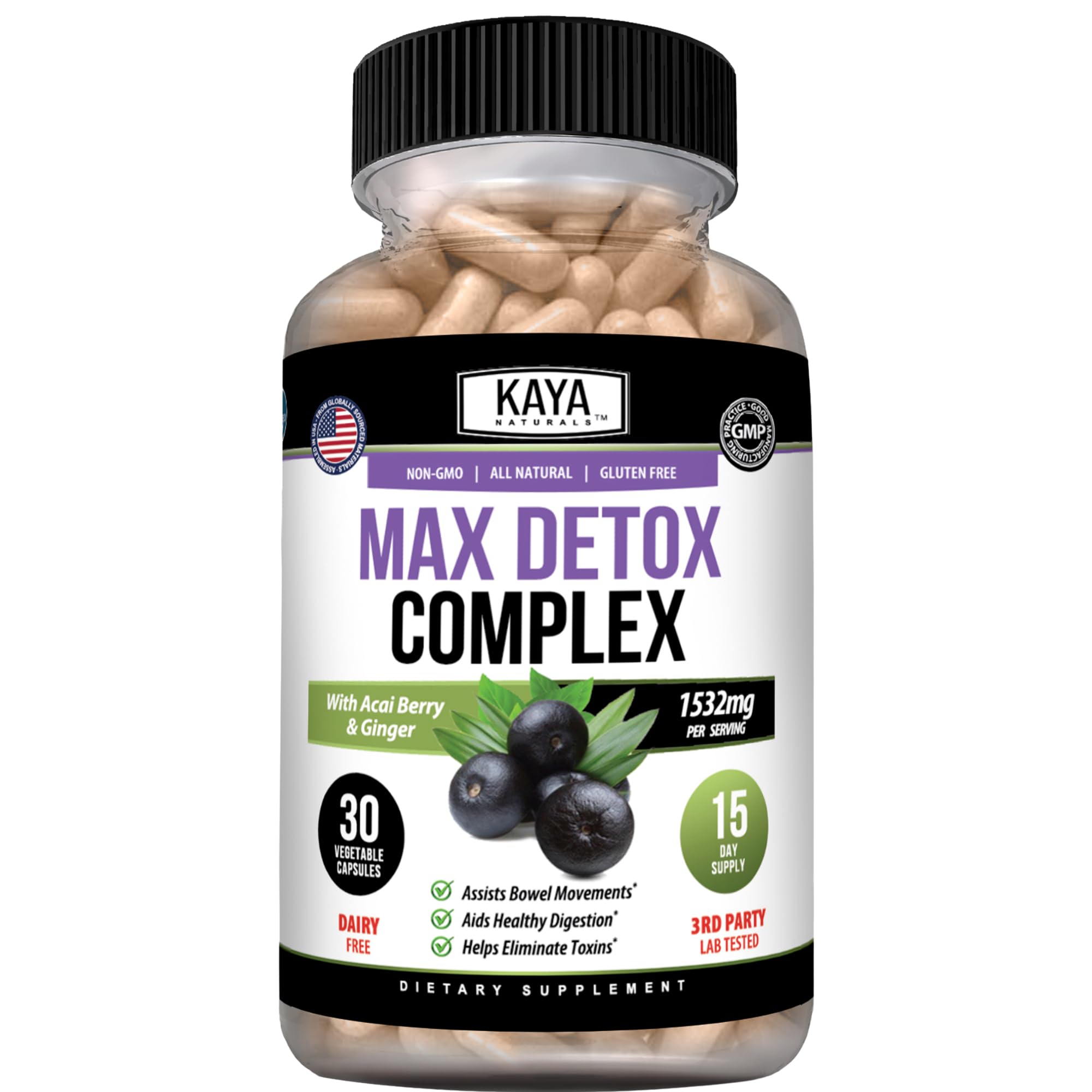 Kaya Naturals MaxDetox Digestive Support Psyllium, Acai & Inulin 30 Count 30 Count (Pack of 1)