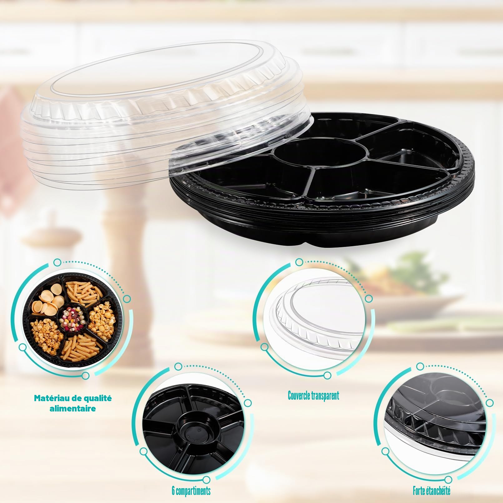 Lot de 30 plateaux à hors-d'œuvre avec couvercle, avec 6 compartiments séparés, plateaux robustes pour légumes, fruits, collations, plateau de service rond pour entrées, buffets de fête, noirs