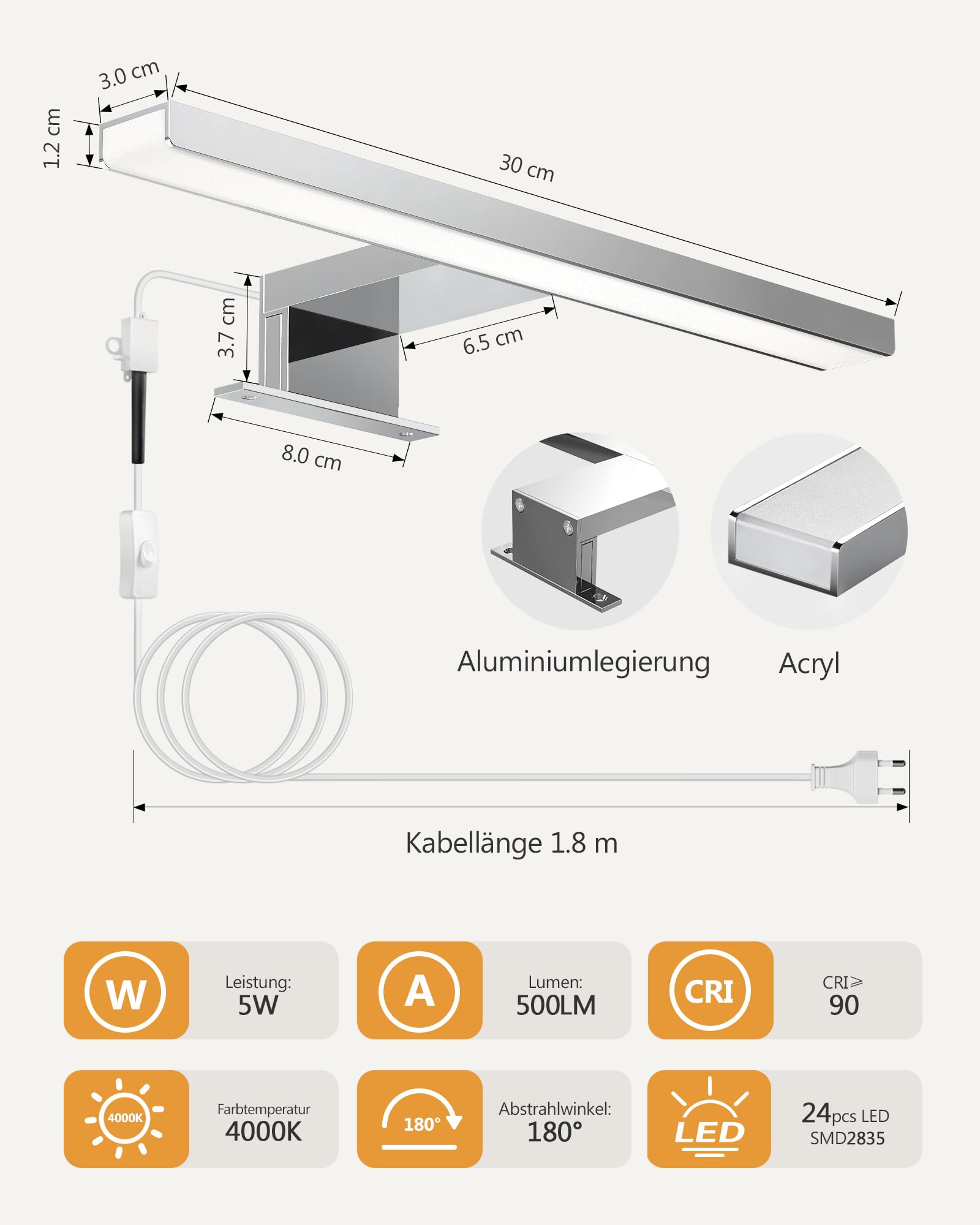 Hommie LED Spiegelleuchte Bad mit Schalter 30CM 5W 4000K Neutralweiß Aluminiumlegierung Spiegellampe Badezimmer Lampe 230V Schrankleuchte Schminklicht Spiegel Beleuchtung IP44 Wasserdicht