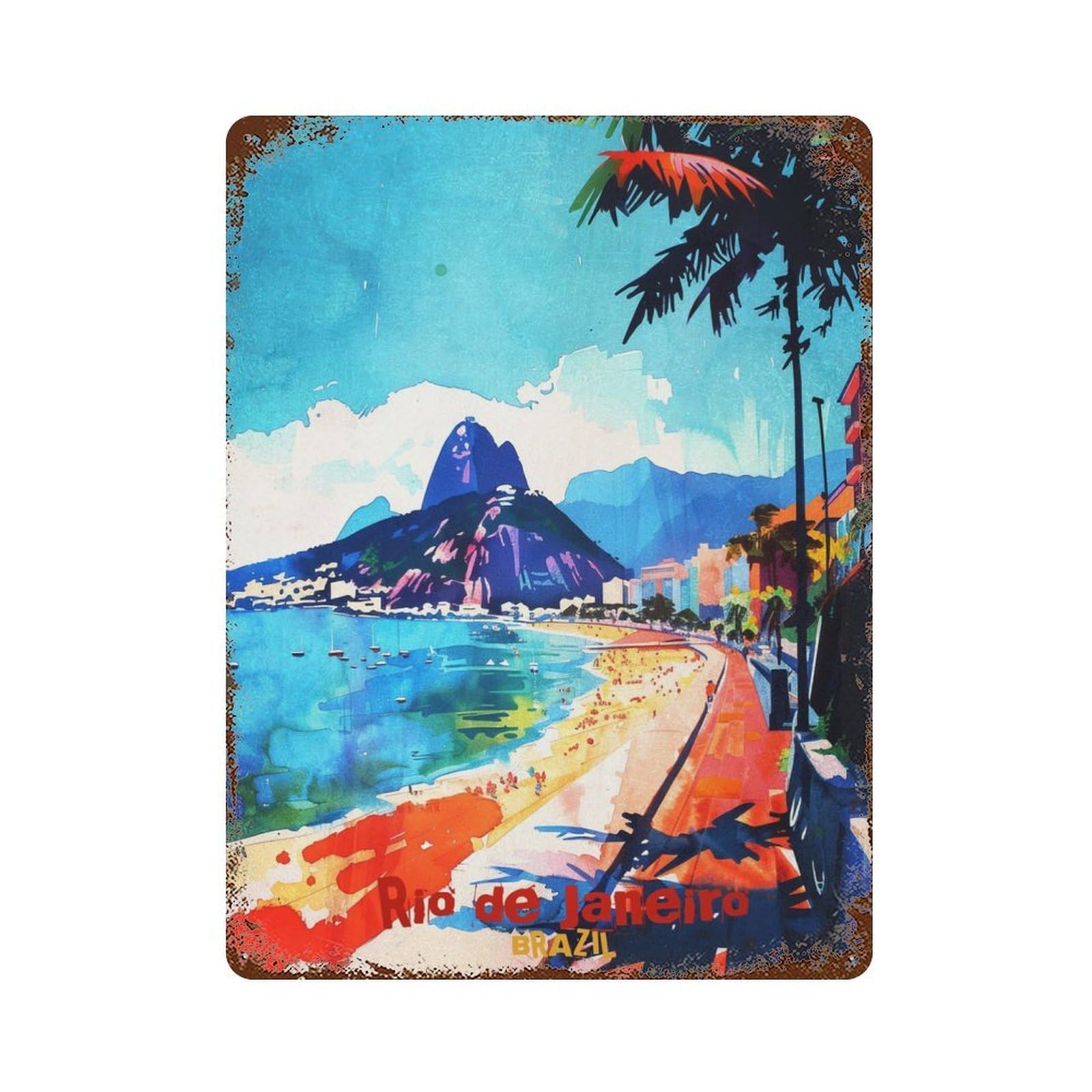 Garage Style Rio De Janeiro Art Weathered Tin Sign 15.7"x11.8", Classic Wall Plaque for Bar And Workshop