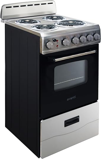 Avanti Electric Range Oven, 4 Coil Broilers, 2.1 Cu.Ft., Stainless Steel | Avanti Electric Range Oven, 4 Coil Burners, Built-In Broiler, Framed Glass Door, Storage Drawer, 2.1 Cu.Ft., Stainless Steel