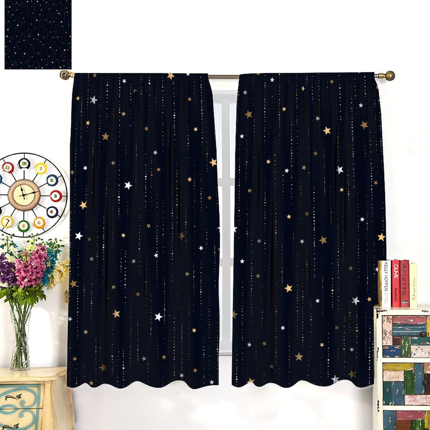 Night Starry Sky Curtains, Golden Space Stars Fantasy Galaxy Universe Black Cosmic with Gold White Star Rain Print Window Curtains for Kids Bedroom Living Room 42x63in (No Blackout)