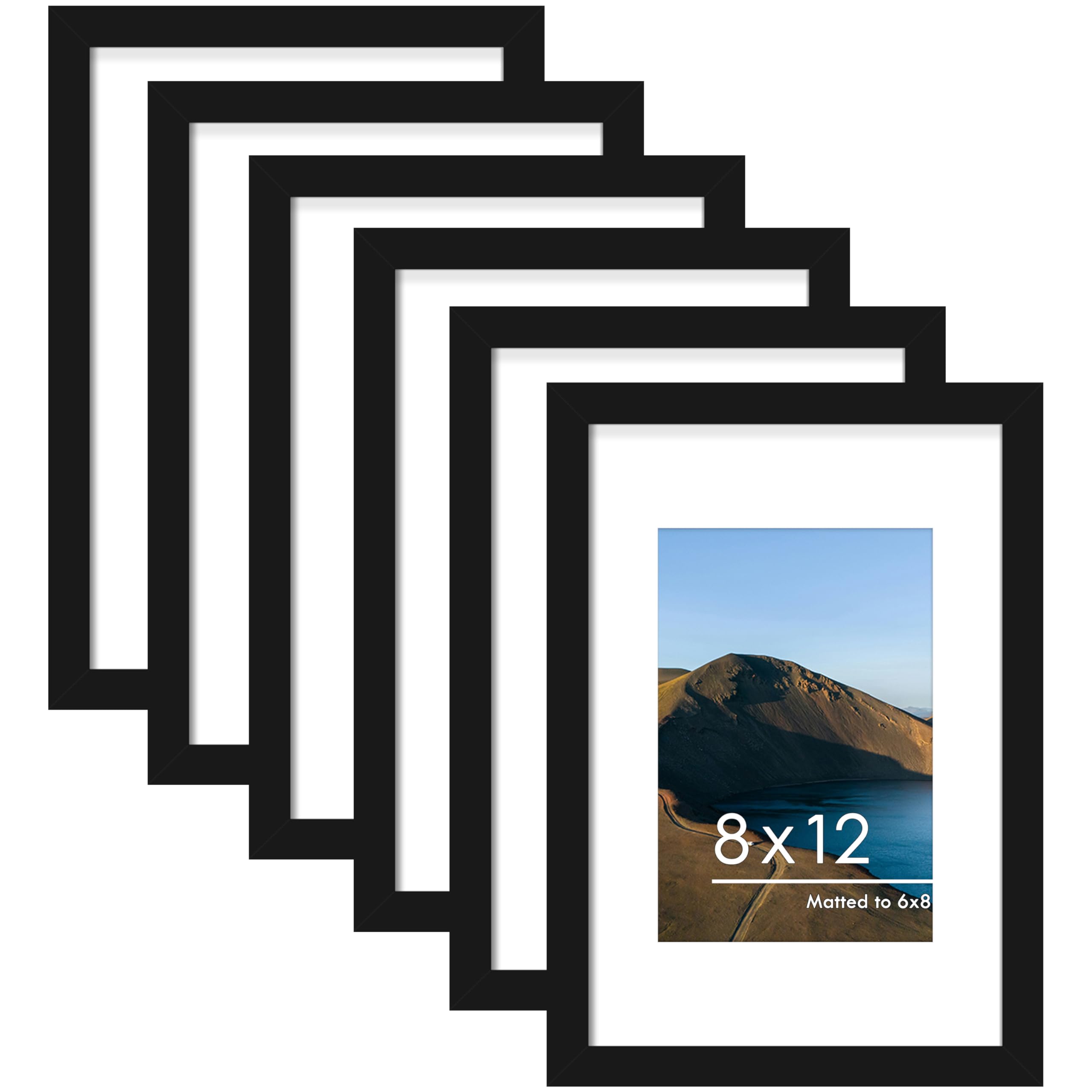 PEALSN 8x12 Picture Frame Set of 6, Display Pictures 6 x 8 with Mat or 8 x 12 Without Mat for Wall Mounting or Table Top Display, Photo Frames Collage for Wall Decor, Black