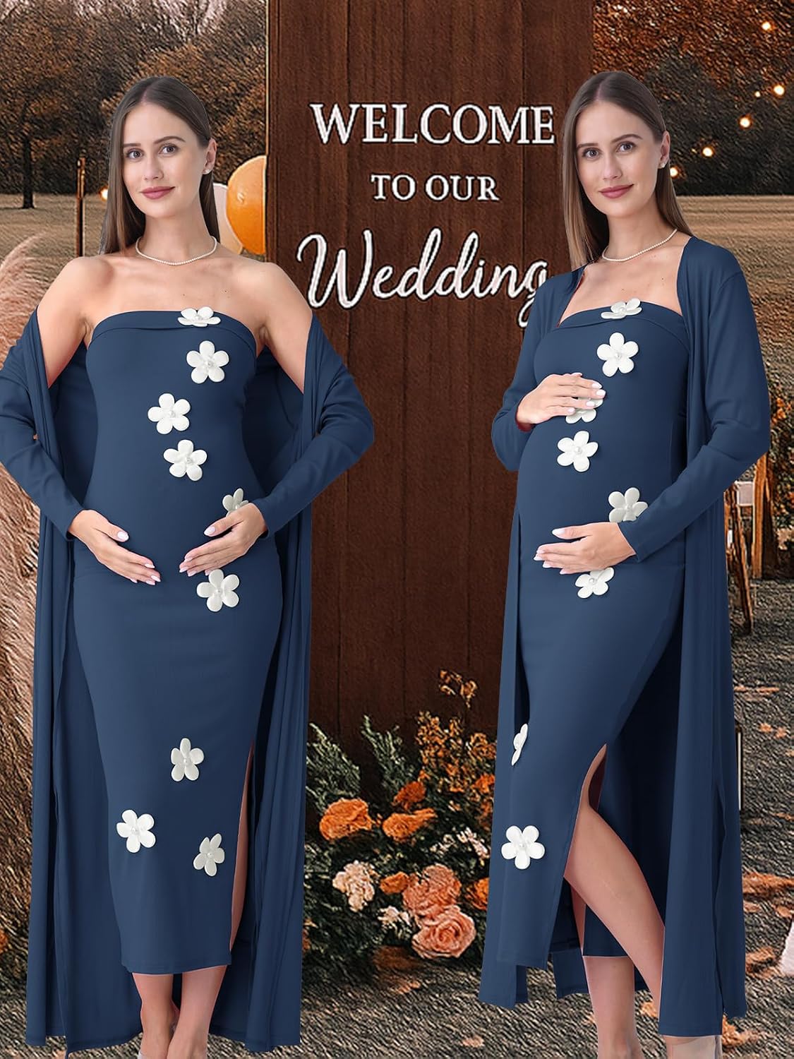 Rnxrbb 2 PCS Floral Baby Shower Maternity Dress Cardigan Long Tube Clothes | Soft, Stretchy Ribbed Knit Bodycon Maxi Dress with Flowers,Perfect for Gender Reveal,Photoshoots,Night Out&Cocktail,Weddings