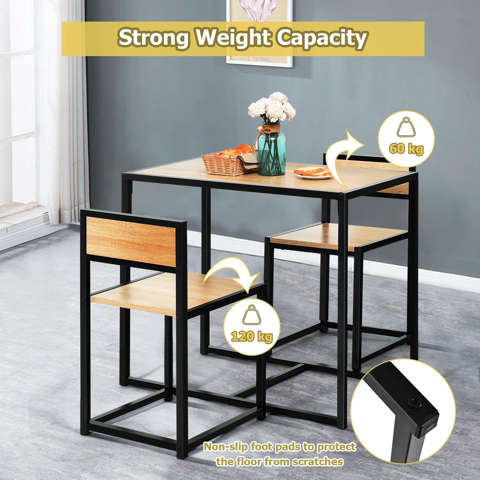 GIANTEX Bartisch Set 3-teilig, Essgruppe Esstisch mit 2 Stühlen, Esszimmergruppe Kleiner Küchentisch Set für 2 Personen, Esszimmer Tisch Bistrotisch Set Sitzgruppe, Küchenbar Sitzgruppe (Natur)