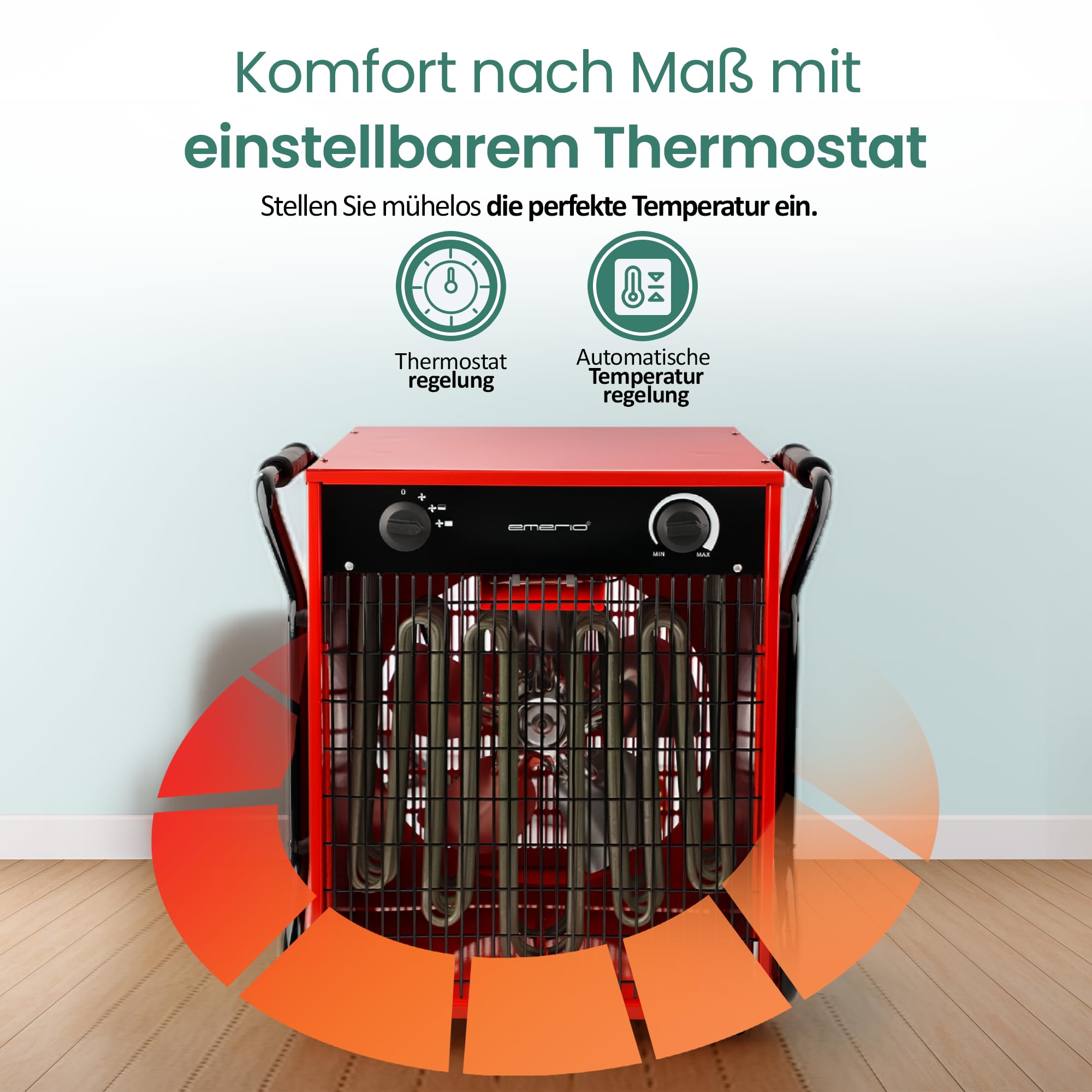 EMERIO FH-117330 Calentador de ventilador para habitaciones de hasta 150 m², IP24, potencia de 15000 W, elemento calefactor de acero inoxidable, 2 niveles de calor, termostato ajustable, protección