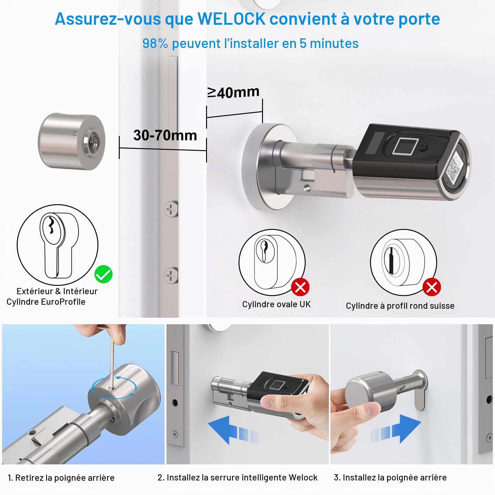 WELOCK SECBN51 Serrure Connectée serrure empreinte digitale | Carte RFID,APP,Serrure biométrique WiFi accès à distance,cylindre electronique 30/30,Smart Lock pour maison connectée