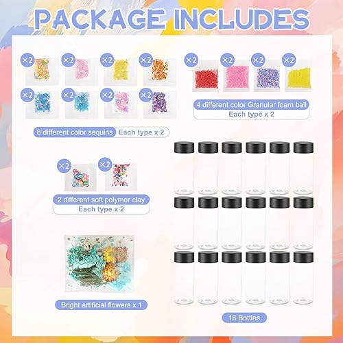 Miniatura 4 de 16pcs Empty Sensory Bottles Kits, 300 ml Leakproof Clear Plastic Sensory Bottle with Lids with Sequins Accessories, Reusable Water Bottles for