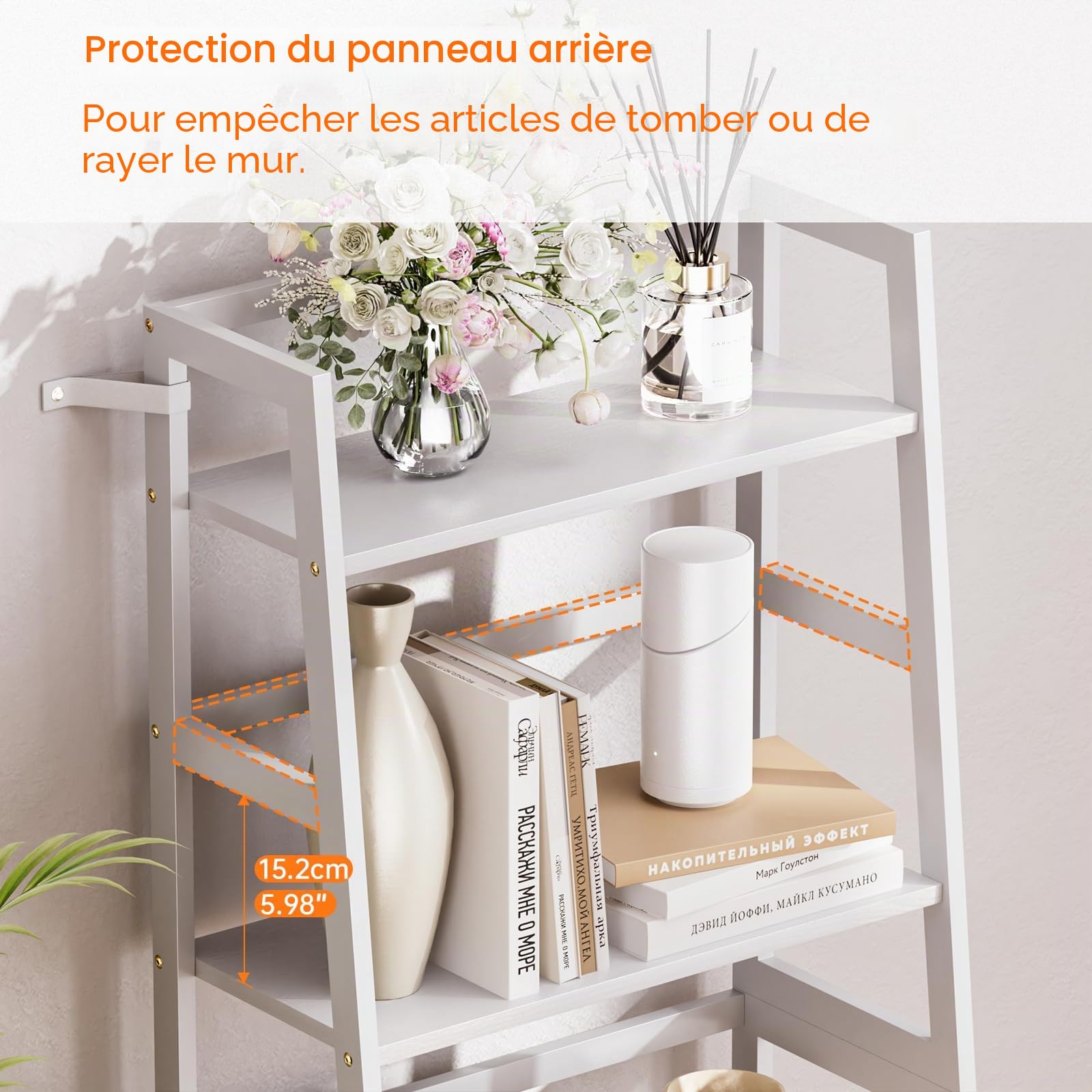 HITNET Etagere Echelle 4 Niveaux, Bibliotheque Salle de Bain Rangement Autoportante avec Étagères Ouvertes, Cadre en Bambou, Support de Plantes Gain de Place, pour Salon, Balcon, Cuisine, Blanc