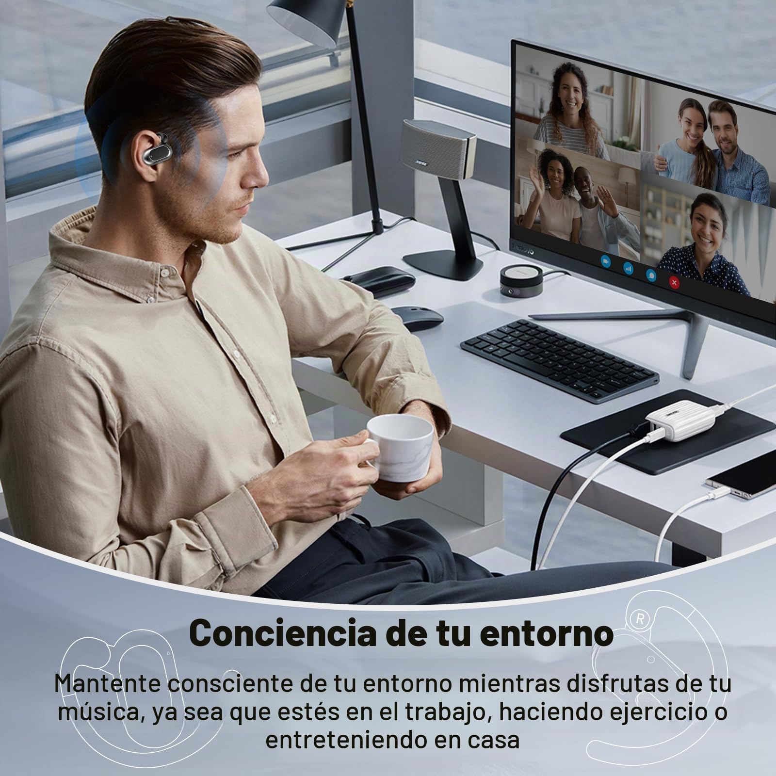 Auriculares Open Ear, Auriculares Inalámbricos Deportivos Abiertos con Ajuste Ceñido, Bluetooth 5.4 ENC Cancelación Ruido, Carga Rápida, 36H Batería, IPX7 Impermeable, Oreja Abierta Running y Oficina