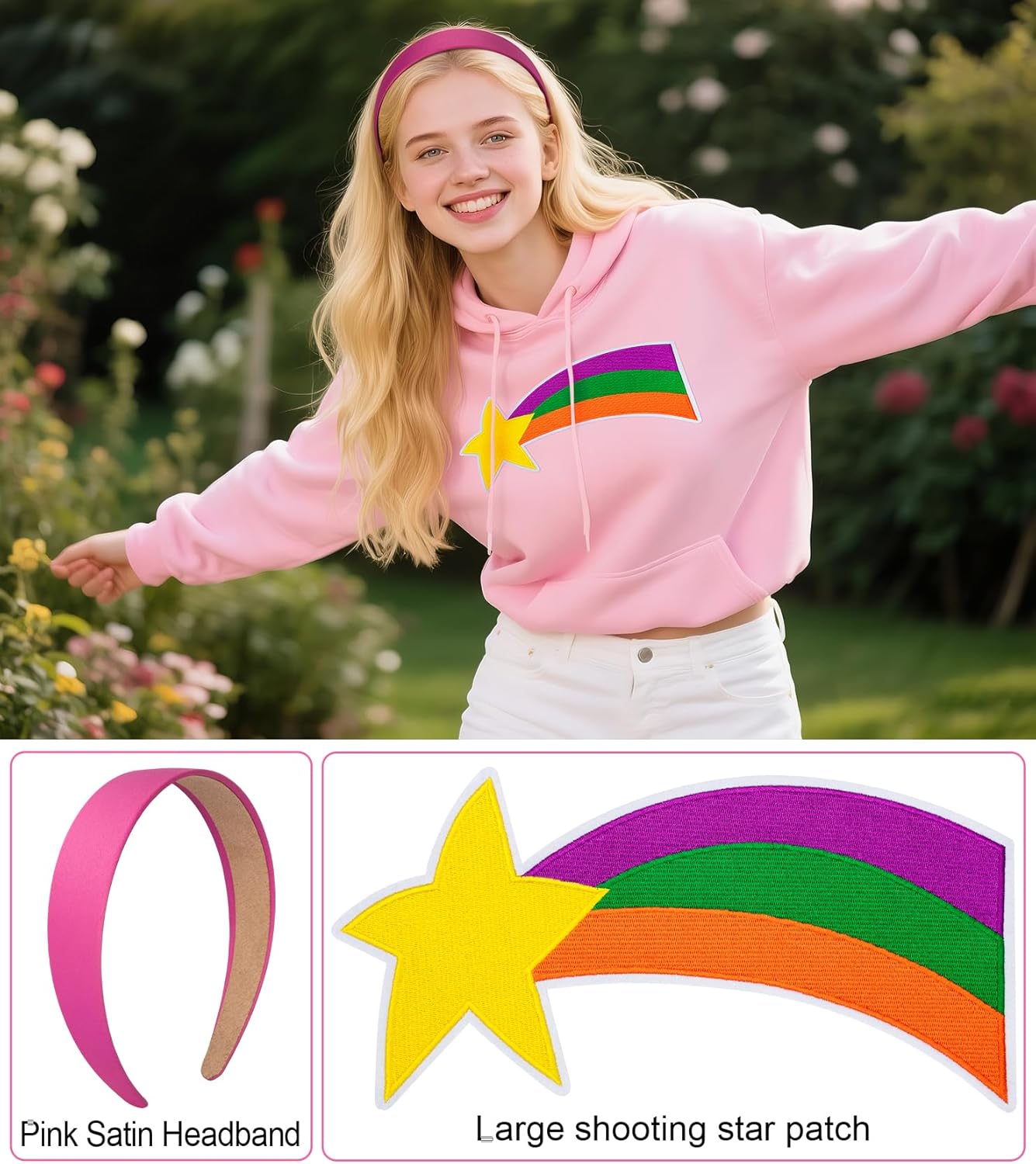 2Pcs Large Shooting Star Patch and Pink Satin Headband Rainbow Sweater Patch Halloween Cosplay Accessories for Women - Image 3