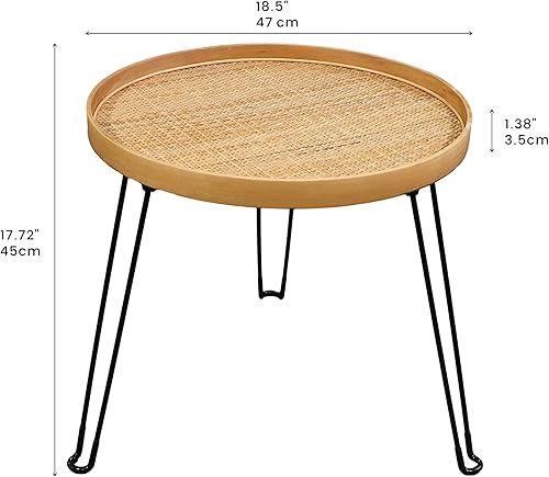Miniatura 3 de Colección PJ Mesa auxiliar redonda de madera y ratán, mesa plegable con trípode de metal, bandeja redonda de ratán, estilo bohemio, mesa auxiliar
