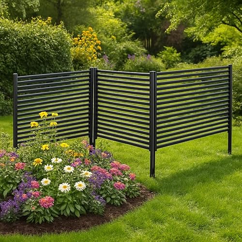 IDEALHOUSE Outdoor Privacy Fence Panels, 48 in H x 35 in W 3-Panel No-Dig Metal Screen, Rustproof Decorative Barrier for AC Unit, Pool Pump, Trash Can Enclosure, Garden Divider, Black