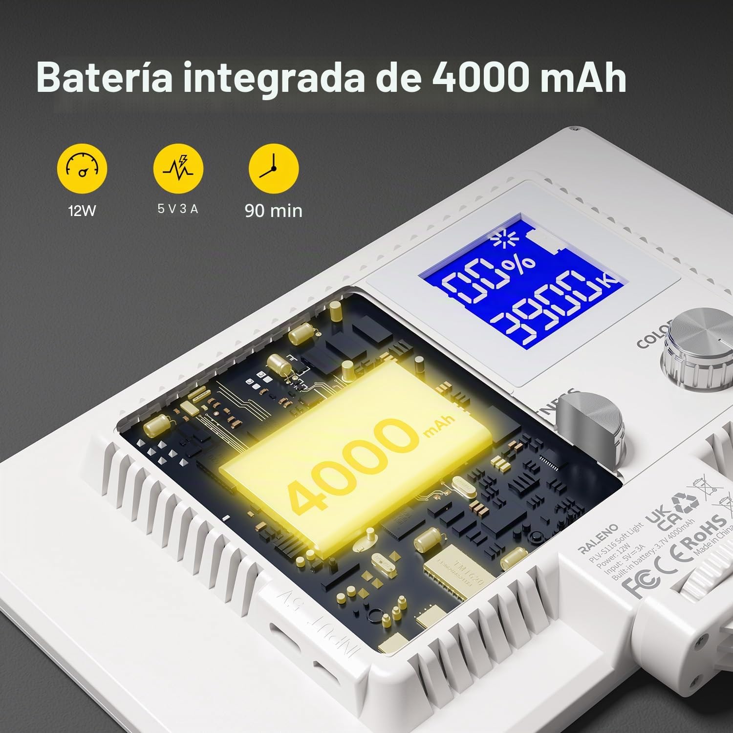 RALENO 116 LED Cámara de vídeo de 12 W 600 Lux con Mini trípode y batería incorporada de 4000 mAh CRI95+ 3200-5600K, luz de vídeo USB para Youtube, TikTok Zoom, fotografía, conferencias, transmisión