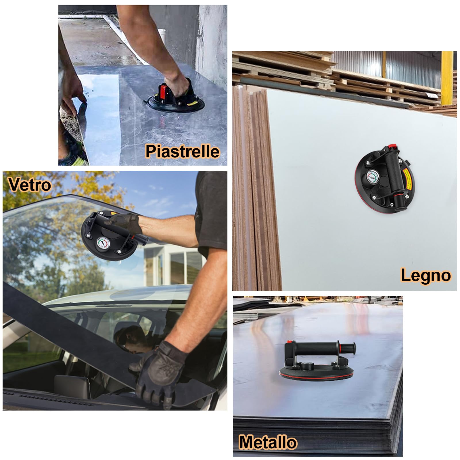 Set di 2 ventose da 8" con manometro, sollevatore a ventosa, portata massima 230 kg, sollevatore a ventosa per piastrelle, vetro, laminato con cassetta degli attrezzi portatile
