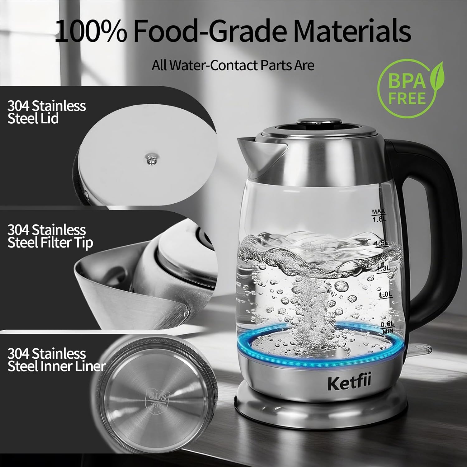 Electric Glass Kettle 1.8L, 1200W Fast Boil for Tea & Coffee, Auto Shut-Off & Boil-Dry Protection, BPA-Free, 304 Stainless Steel & Borosilicate Glass, Removable Lid for Easy Cleaning