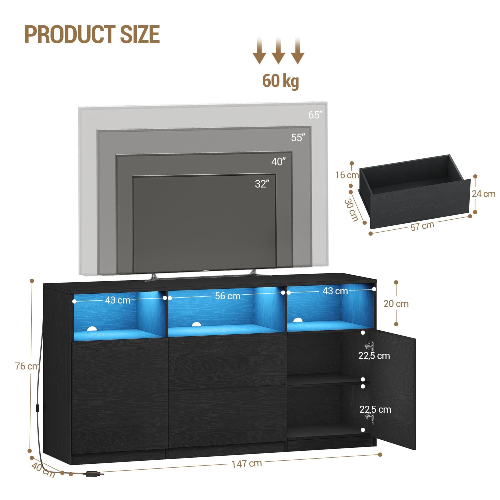 Hzuaneri Mueble de TV, con Luces LED, 147 x 40 x 76 cm, Negro | Mesa de TV de hasta 65 Pulgadas, 2 Cajones, 2 Gabinete y 3 Compartimentos, para Salón, Dormitorio, TV17004XEU