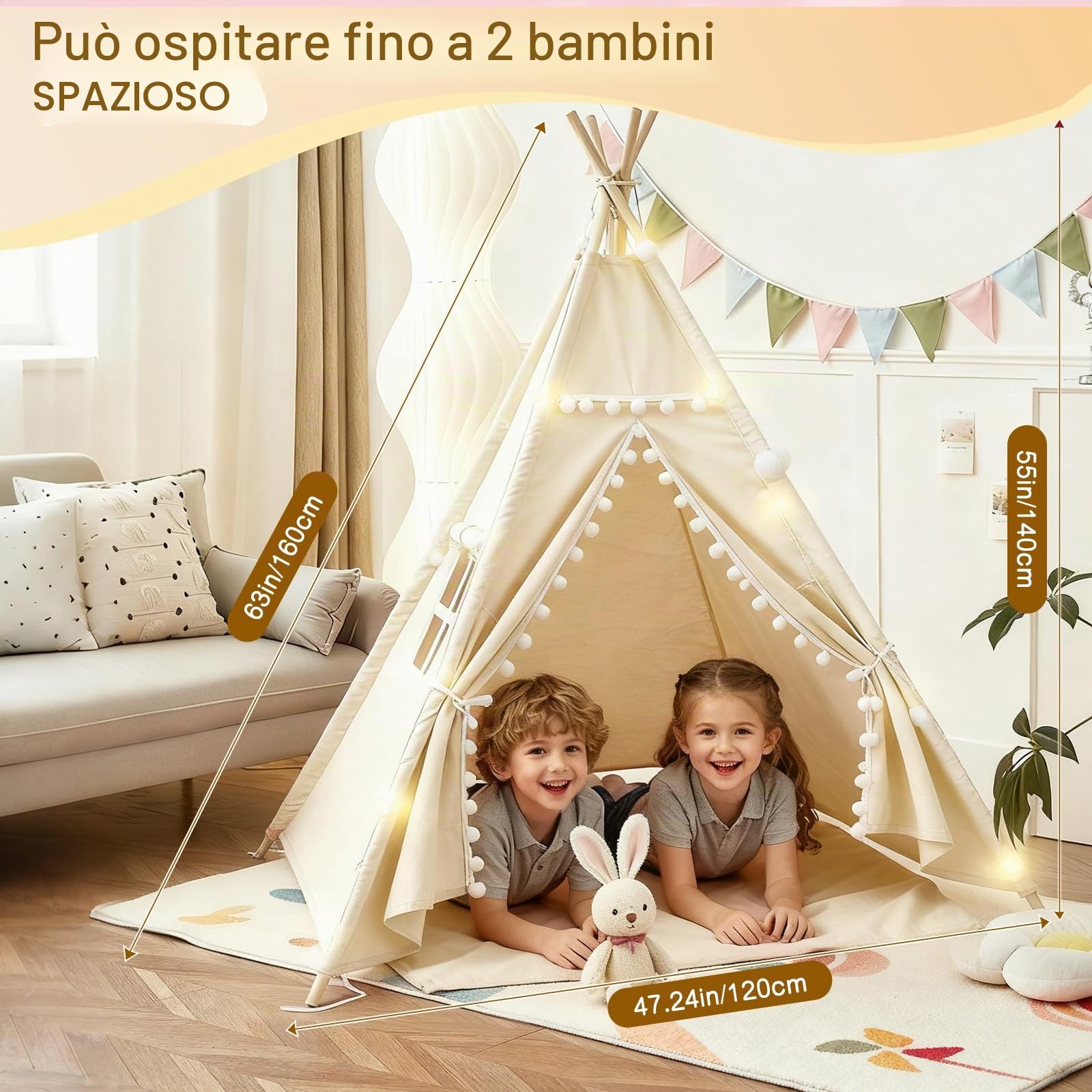Tipi, tenda per bambini, tenda per bambini, per interni ed esterni, 120 x 140 cm, in tela per bambini, con catena luminosa e custodia per interni o esterni