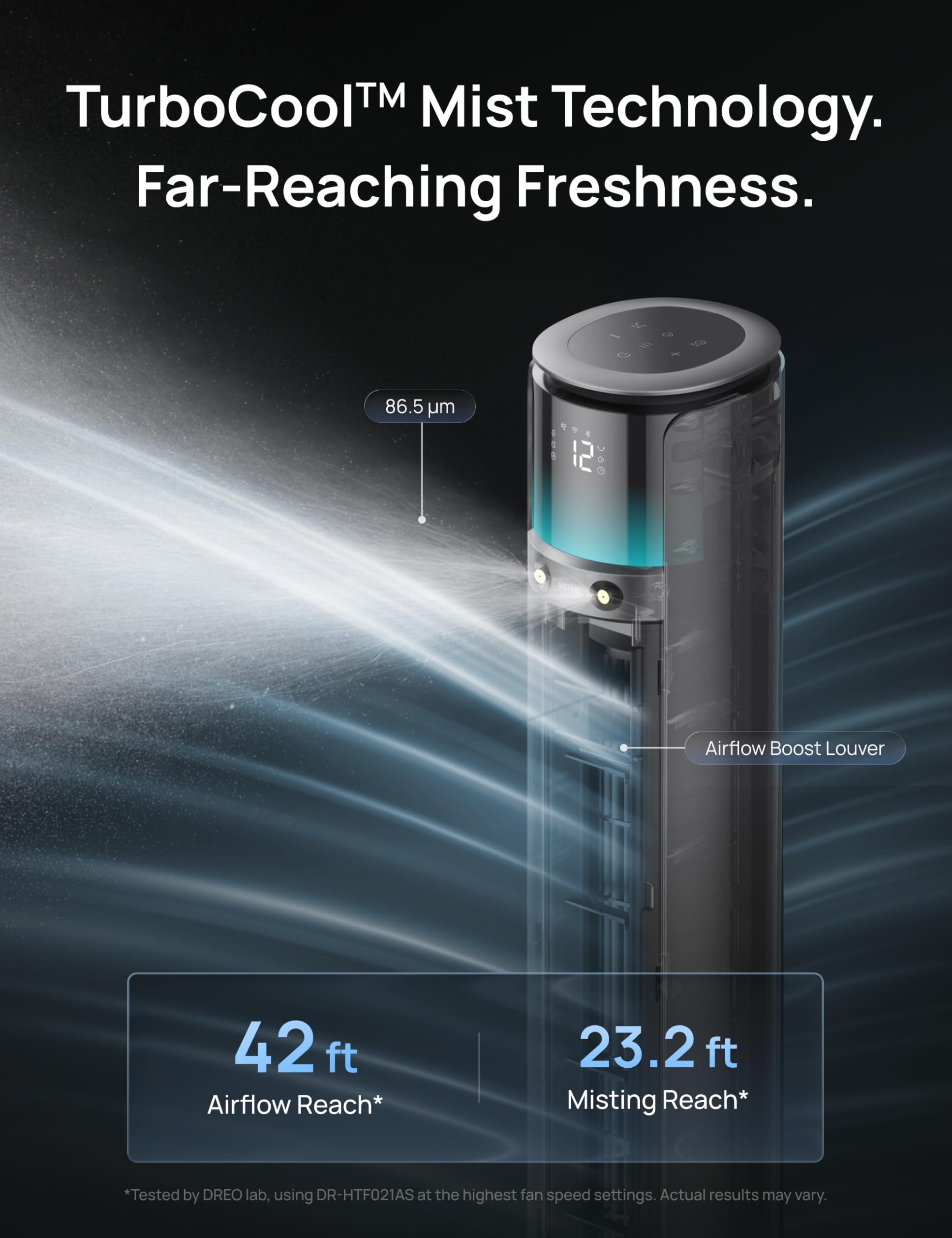 DREO TurboCool Outdoor 711AS - Ventilatore a nebbia per esterni, potenza 10 m/s, 12 livelli, 4 modalità, ventilatore intelligente a piantana, oscillazione a 150°, silenzioso 20 dB, motore DC