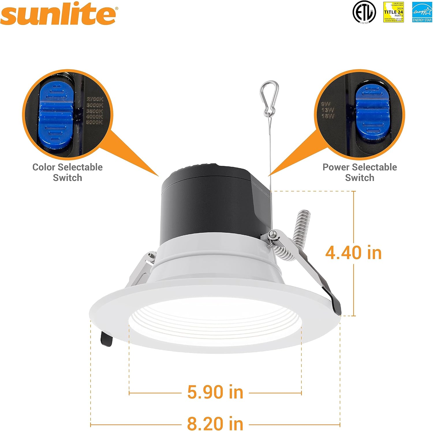 Sunlite 6" LED Commercial Recessed Round Downlight Fixture, Power Selectable 13W/19W/27W, 3000 Lmns, CCT Switch 27K/30K/35K/40K/50K, 90 CRI, Dimmable, Energy Star, Title-24 Compliant, ETL Listed