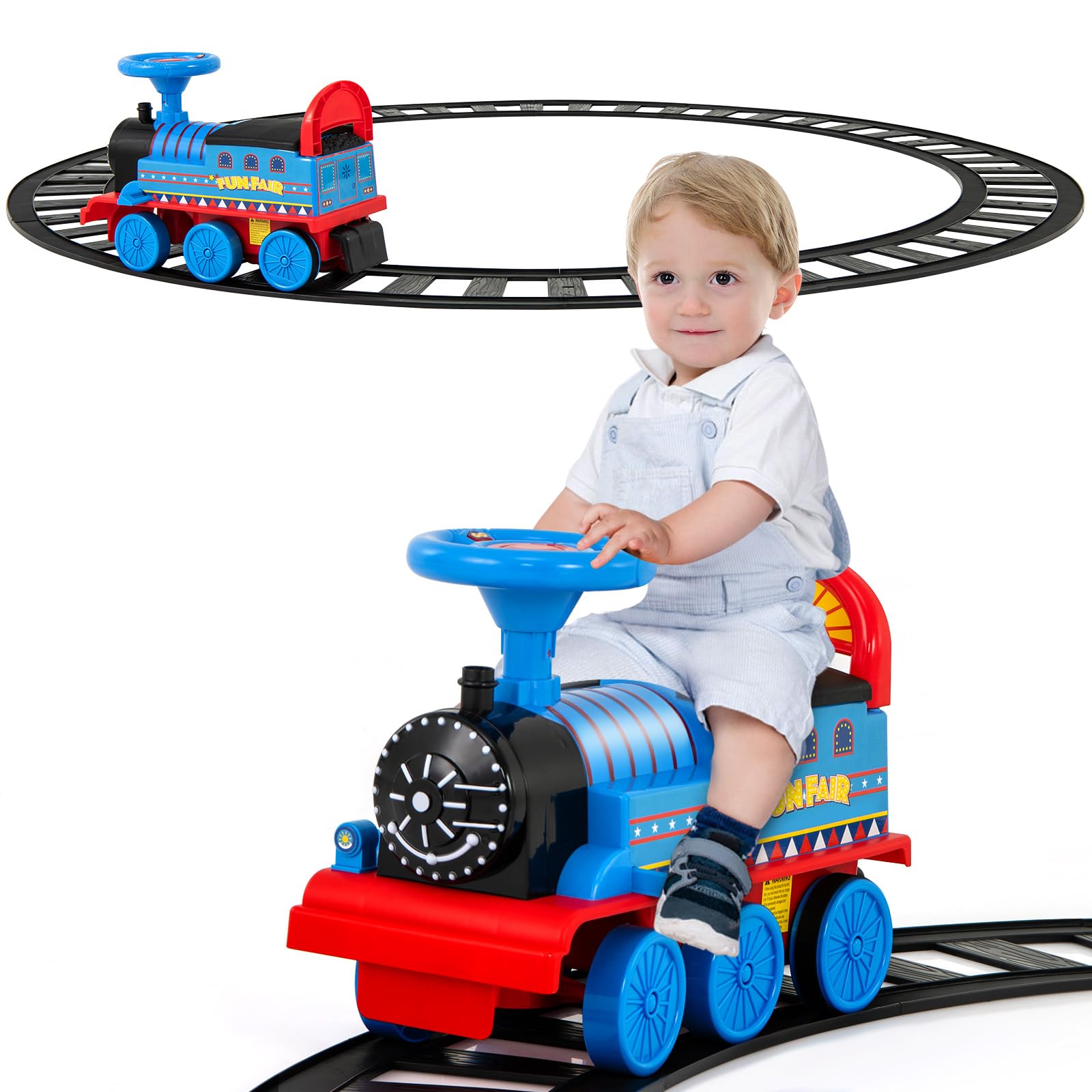 HONEY JOY Ride On Train, 6V Battery Powered Electric Toy for Kids, 16 PCS Tracks, Flashing Lights & Music, Storage Seat, Gift for Boys & Girls (Navy