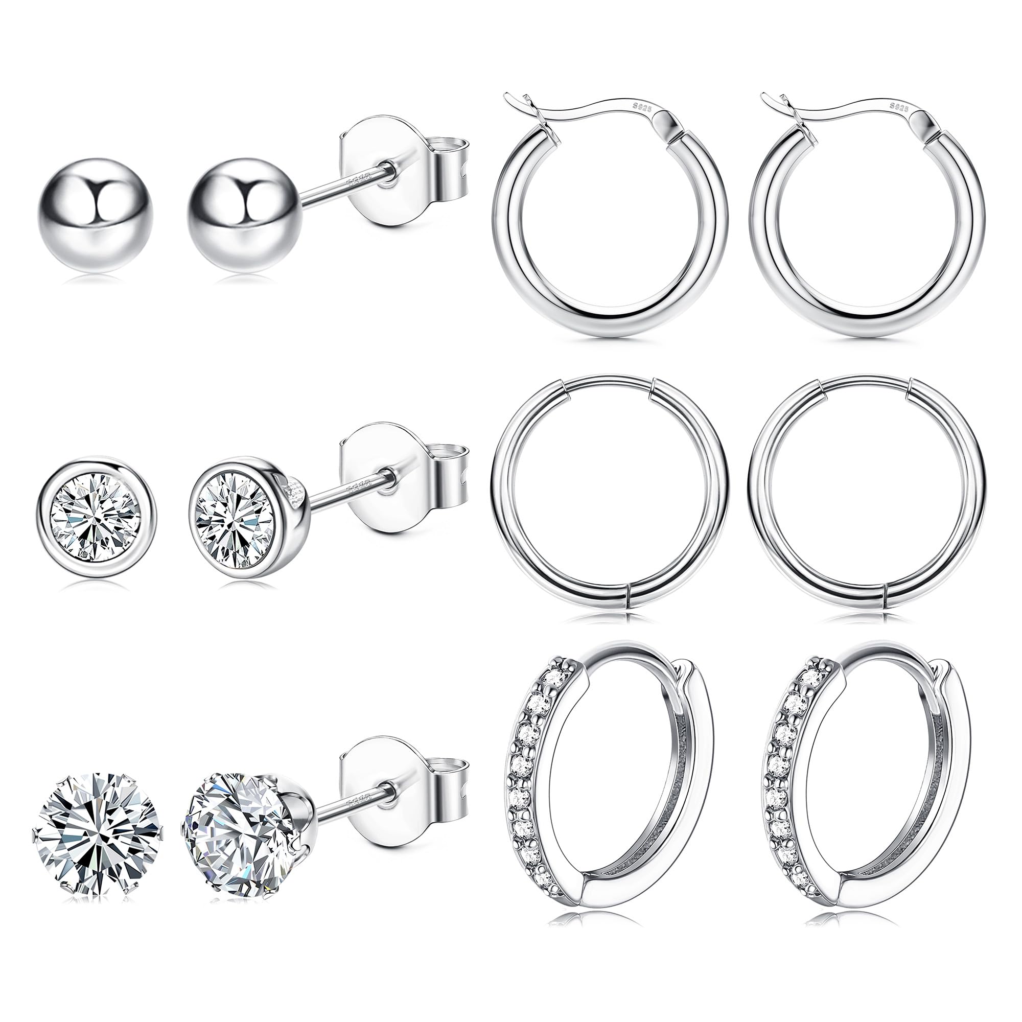 KALVICA 6 Pares Pendientes Plata de Ley 925 Alfiler para Mujer Niñas Juego de Pendientes de Aro de Circoniña Cartílago Pendientes Hipoalergénicos Piercing Oreja Joyería