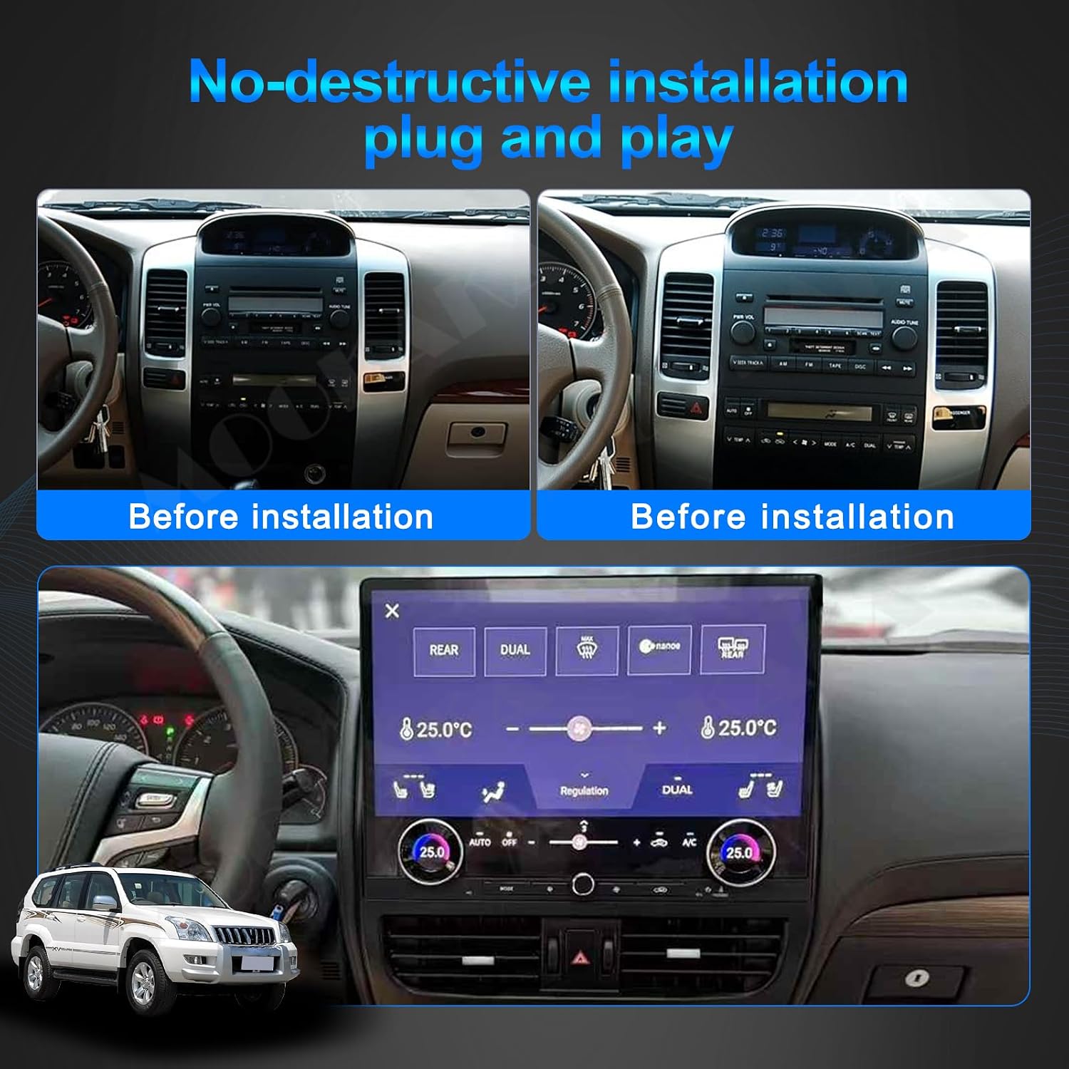 Before and after installation comparison of the car radio in a Toyota Land Cruiser Prado 120