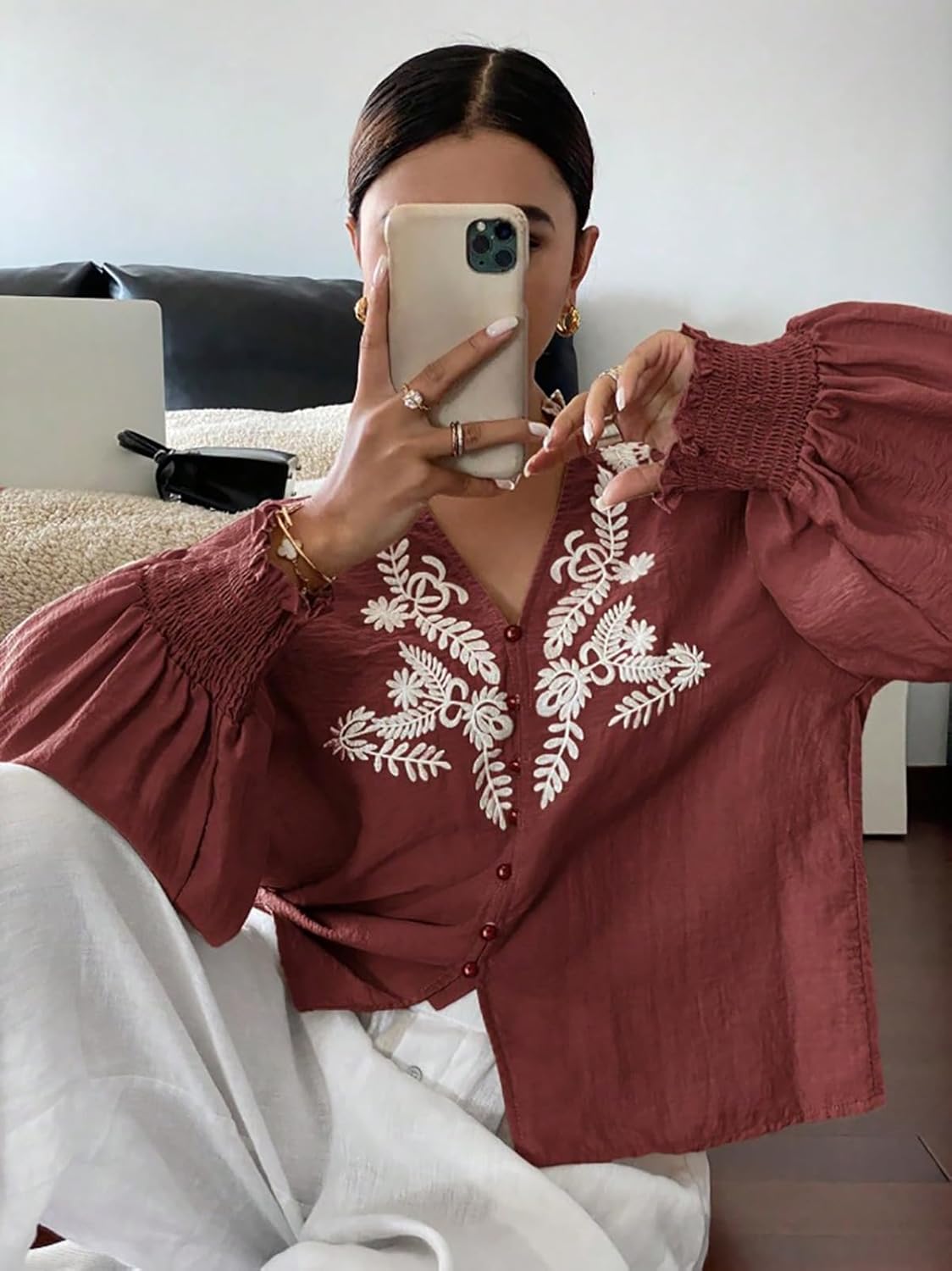 Women's Embroidered Puff Sleeve Blouse, Vintage Floral Boho V-Neck Button Down Shirts with Smocked Cuffs - Image 2