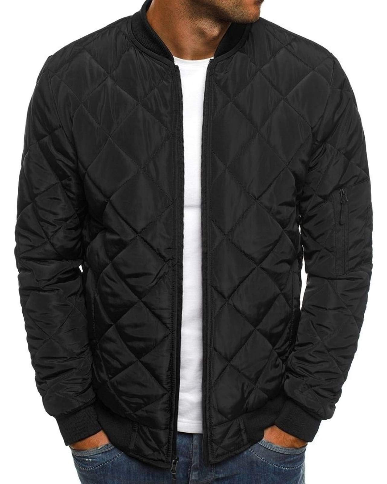 Mens Bomber Jackets Diamond Quilted Fall Winter Rib Varsity Lightweight Coat