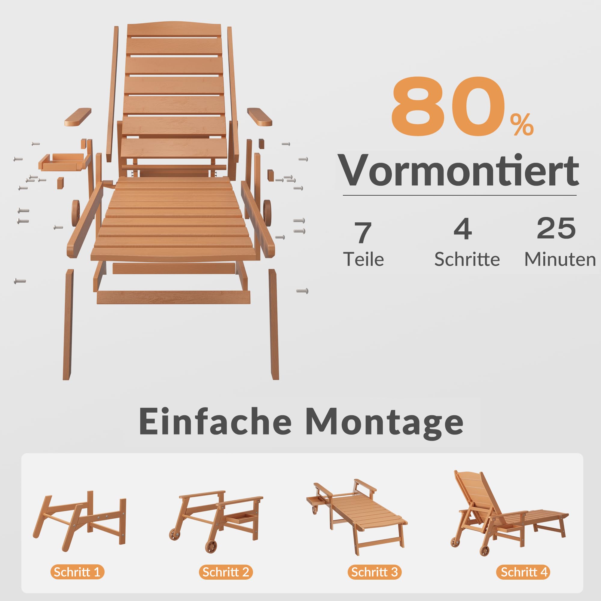 Outdoor-Liegestuhl mit Rollen, 2 m Lange Sonnenliege, 5-Fach verstellbare Rückenlehne (Flache Liegeposition), ausklappbares Seitentablett, wetterfest, für Pool, Terrasse und Strand