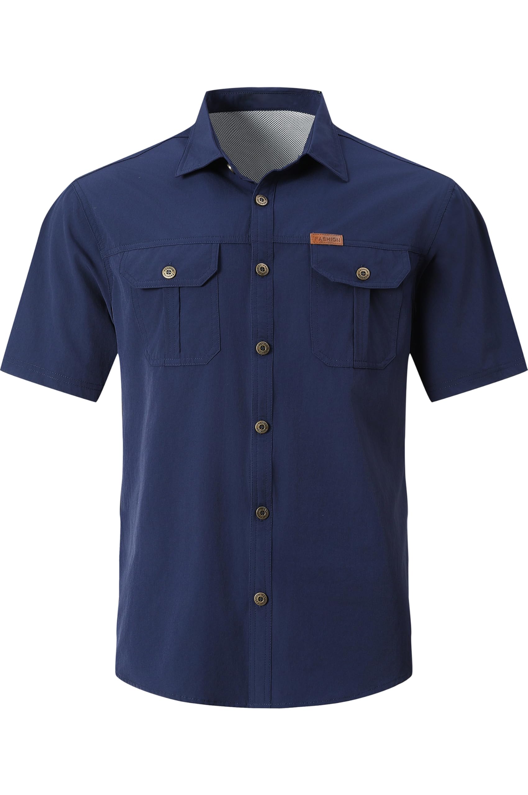 Camisa de manga corta con botones y protección solar para hombre, de secado rápido, camisas de pesca informales de verano con bolsillo, Azul 2+03, Large