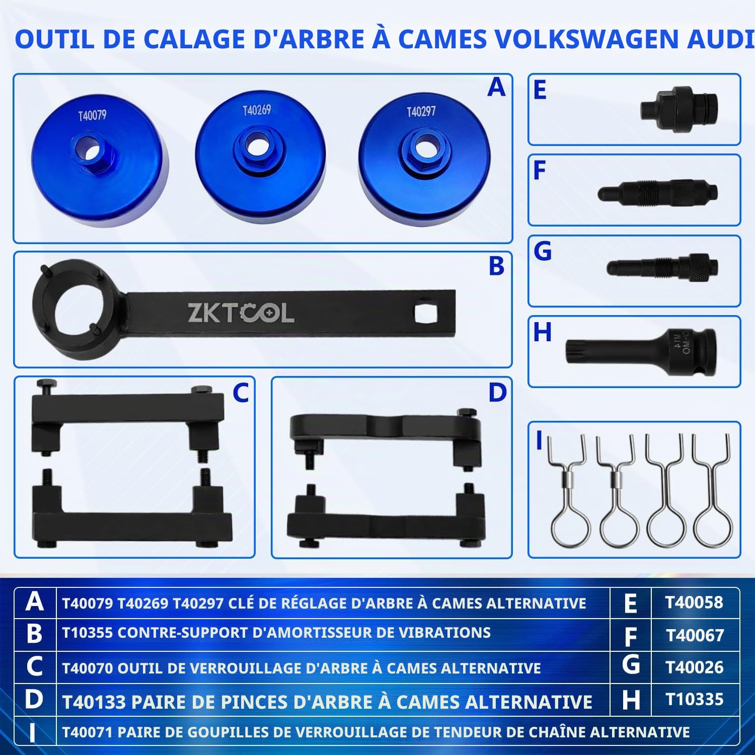 ZKTOOL Kit d'Outils de Calage d'arbre à Cames de Réglage du Moteur, Compatible avec Audi VW A6L 2.4 2.5 2.8 3.0T 3.2 4.2 Touareg Q7 Porsche 3.0T OEM T40070 T40071 T40069 T40058 T40269 T40133