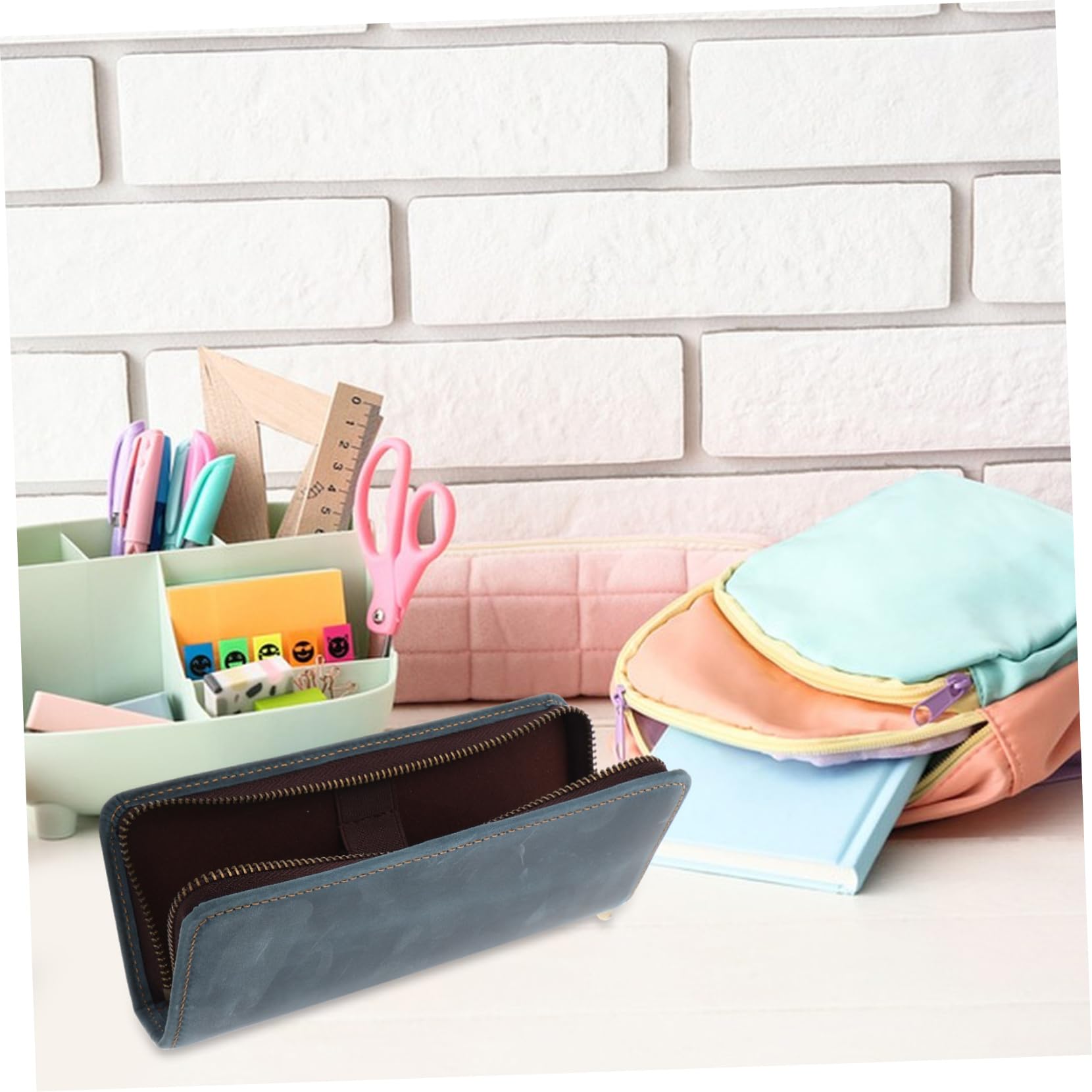 Sewroro Estuche de Cuero para Lápices Organizador de Bolígrafos con Diseño Retro Bolsa de Piel para Oficina Escuela y Color Azul