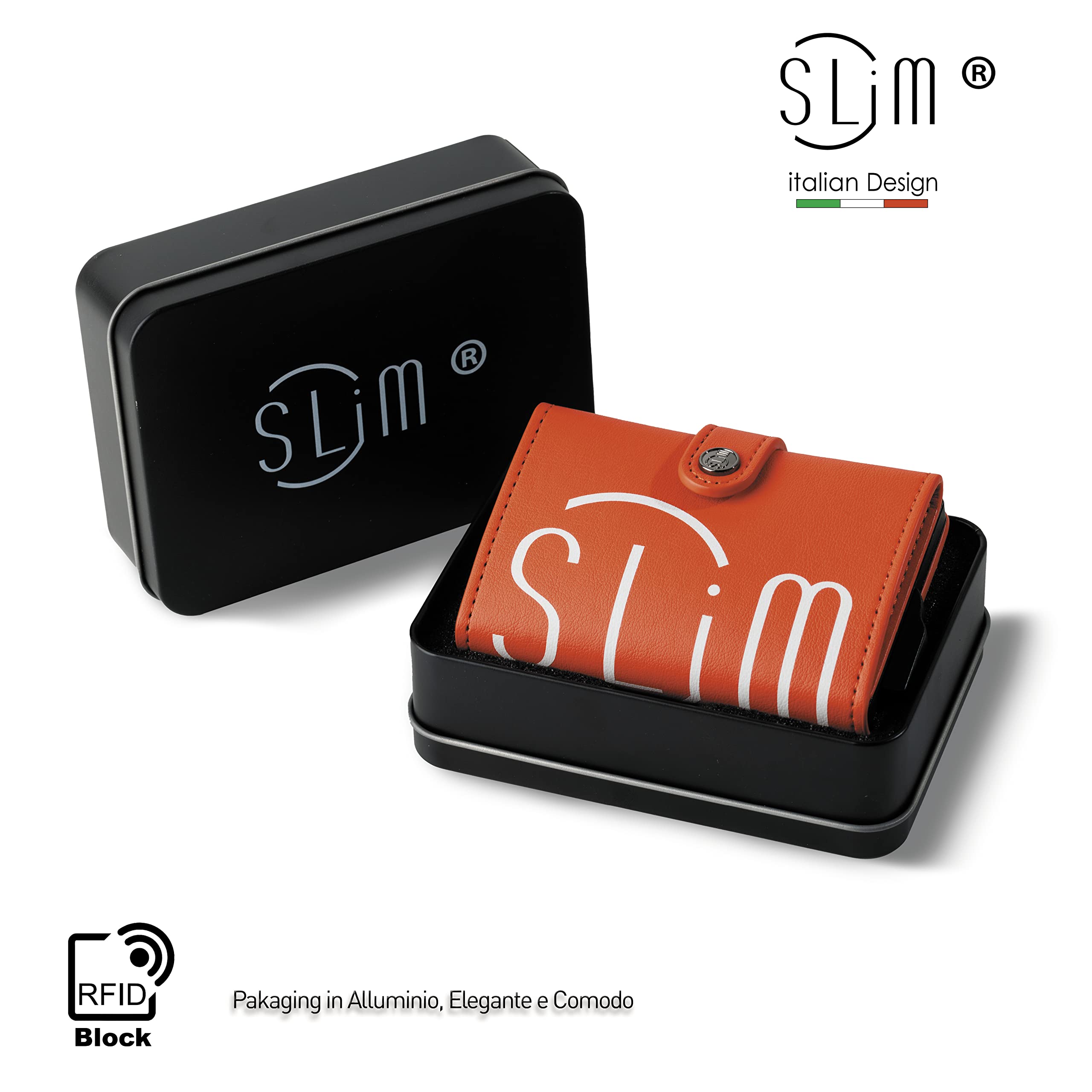 SLim Porta Carte di Credito Schermato Portafoglio Uomo Rfid Portatessere Anticlonazione Donna Portacarte Uomo (Arancio Logo, Con Zip)