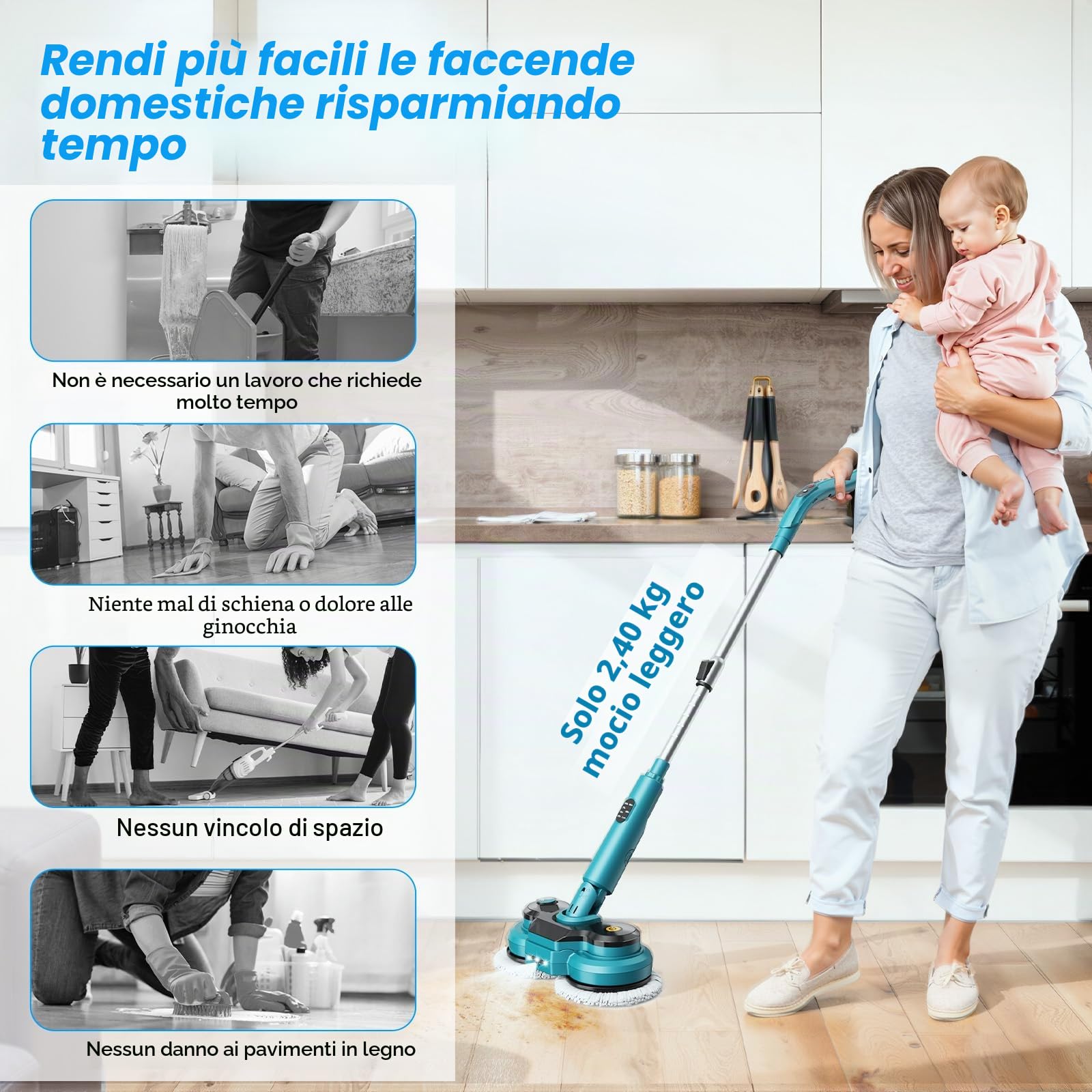 Mocio Elettrico Senza Fili con 2 batterie da 2000 mAh,Lavapavimenti Elettrico con Funzione Spray/lluminazione a LED/Display Intelligente,Lucidatrice Pavimenti con Serbatoio Dell'acqua da 300 ml
