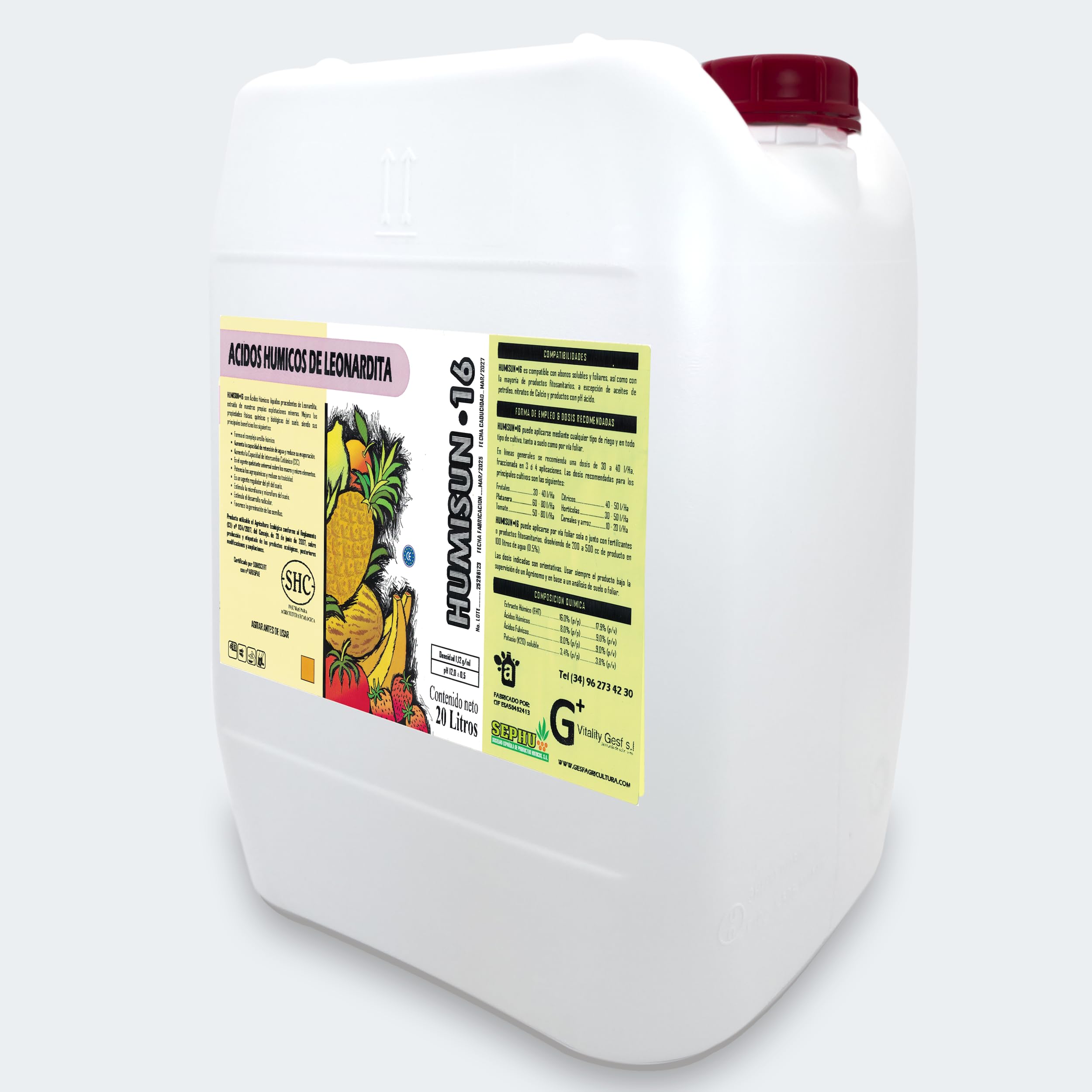 HUMISUN 16 – Fertilizante Orgánico Líquido de Leonardita con Ácidos Húmicos, Fúlvicos y Potasio – Agricultura Ecológica – Formato 20L