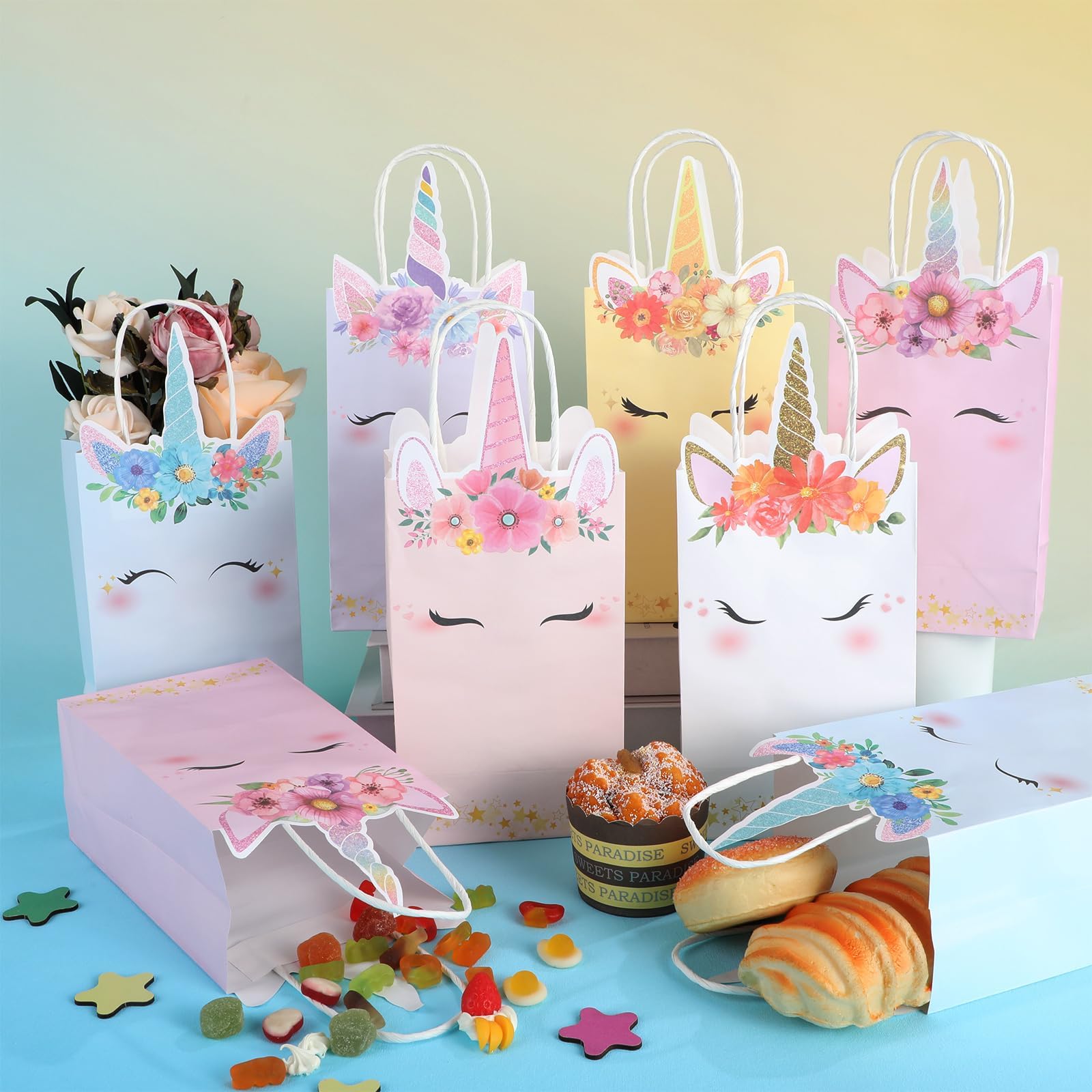 ZOIIWA 12Pcs Unicorn Party Favor Bags Rainbow Themed Treat Bags Pastel Unicorn Candy Goodie Bag Princess Paper Gift Bag with Handle Decorations for Birthday Baby Shower Wedding Party Decor Supplies
