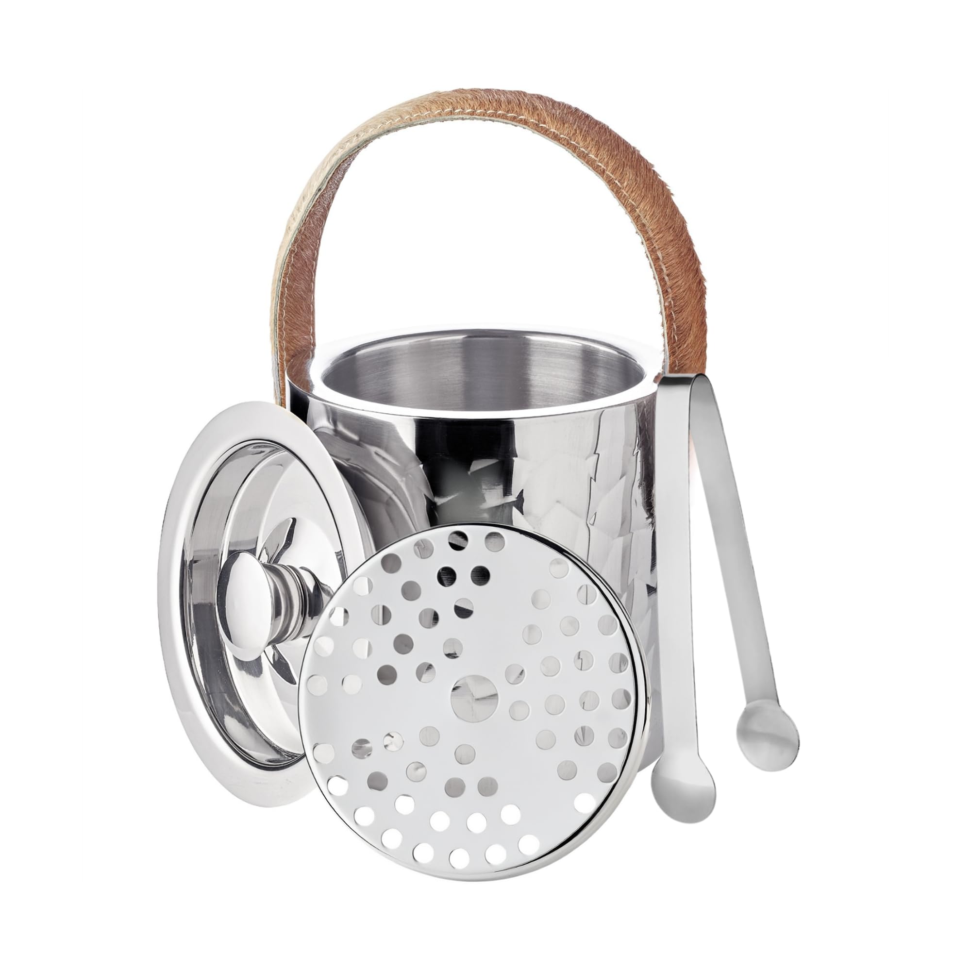 EDZARD Cubitera de hielo Capri (H 17 cm, Ø 15 cm), acero inoxidable pulido espejo, de doble pared, martillada, con tapa, con pinza para hielo y filtro – cubitera para cubitos, recipiente para bebidas
