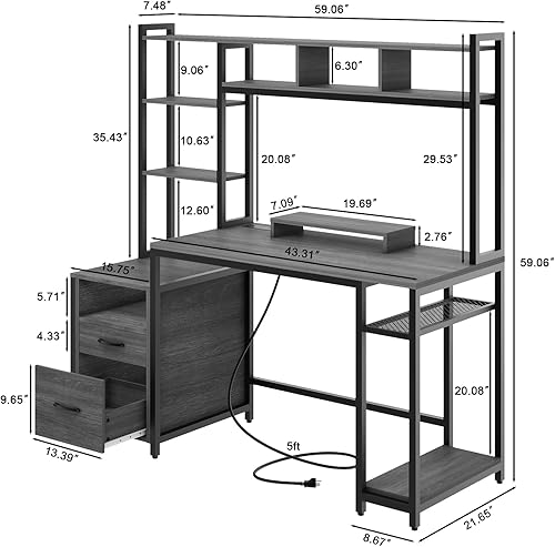 Miniatura 3 de Escritorio para computadora con estantes de almacenamiento y 2 cajones, escritorio de juegos de 59 pulgadas con luces LED y tomas de corriente,