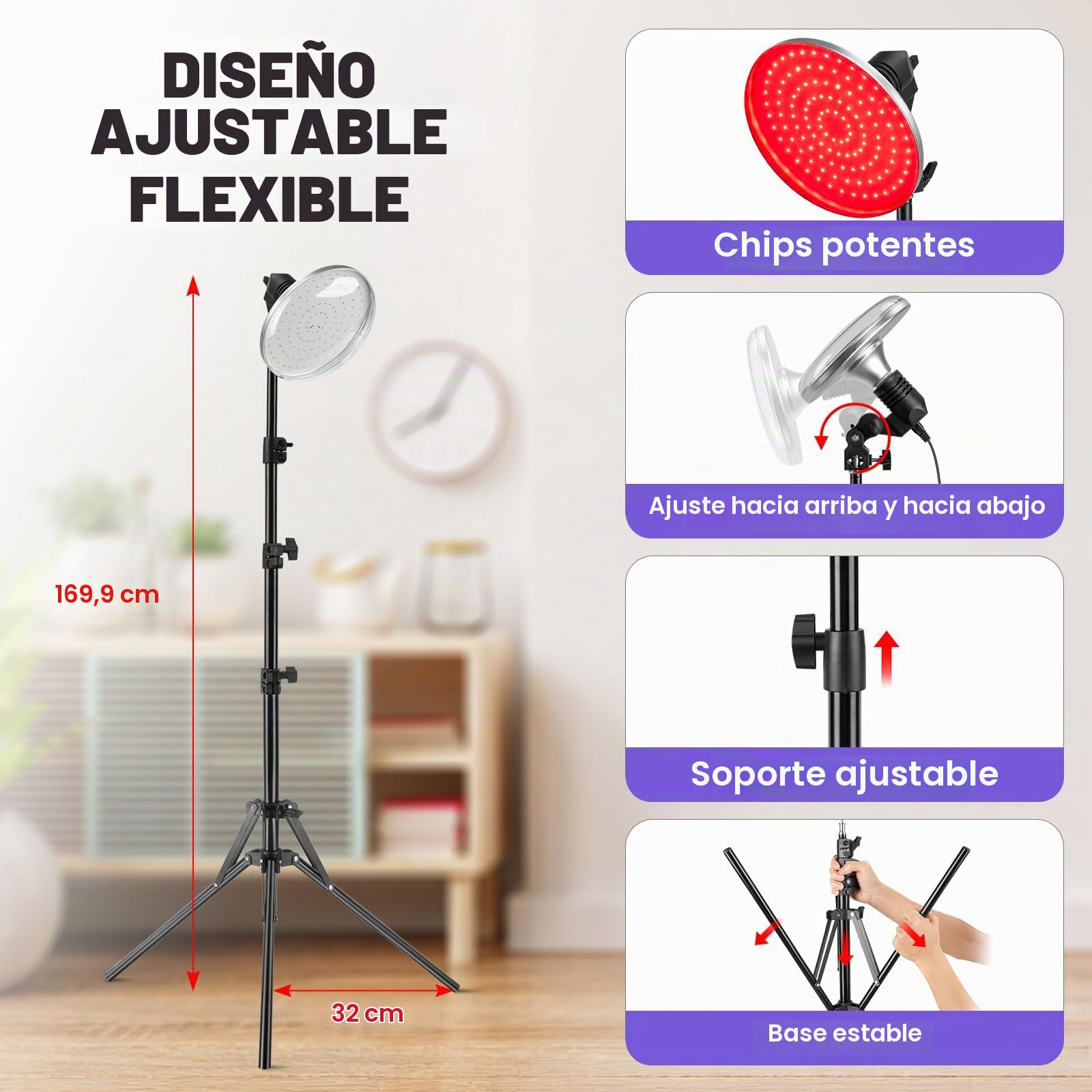 Lámpara infrarroja 660nm, 120 LED, temporizador | 660nm, 30-60°C, 10–30 min, altura 58–116cm