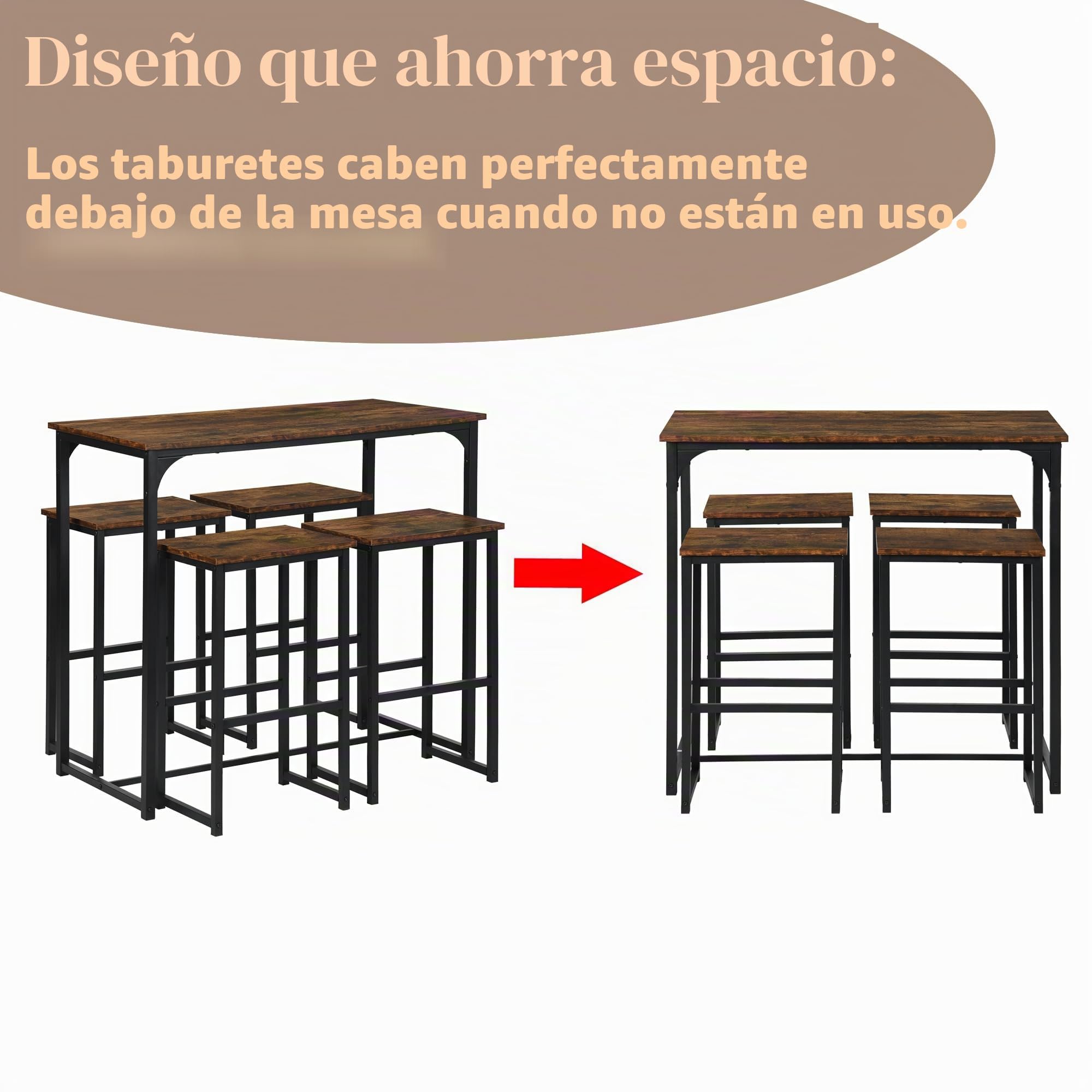 Conjunto Mesa Alta de Cocina con 4 Taburetes, Mesa Comedor con Sillas Industrial para Comedor, Cocina, Mesa de Bar 100 × 50 × 90 cm, Sillas 40 × 30 × 65 cm, Negro Mate + Veta Madera Retro