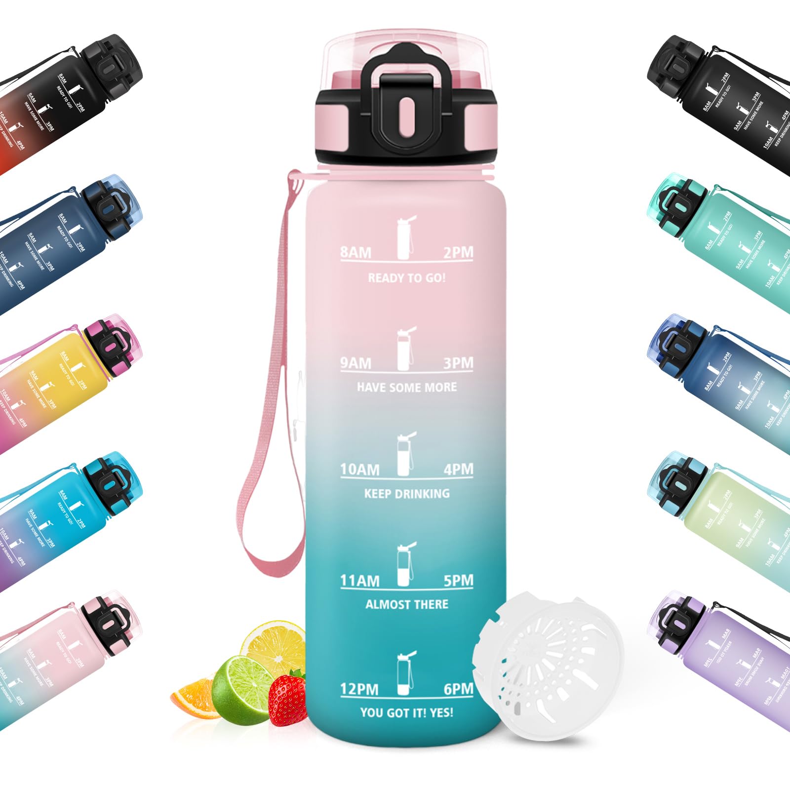 HoneyHolly Water Bottle, 500ML, Leakproof Water Bottles, Reusable Gym Water Bottle, with Time Marker, Bottle for Running, Cycling, Working, Going to School