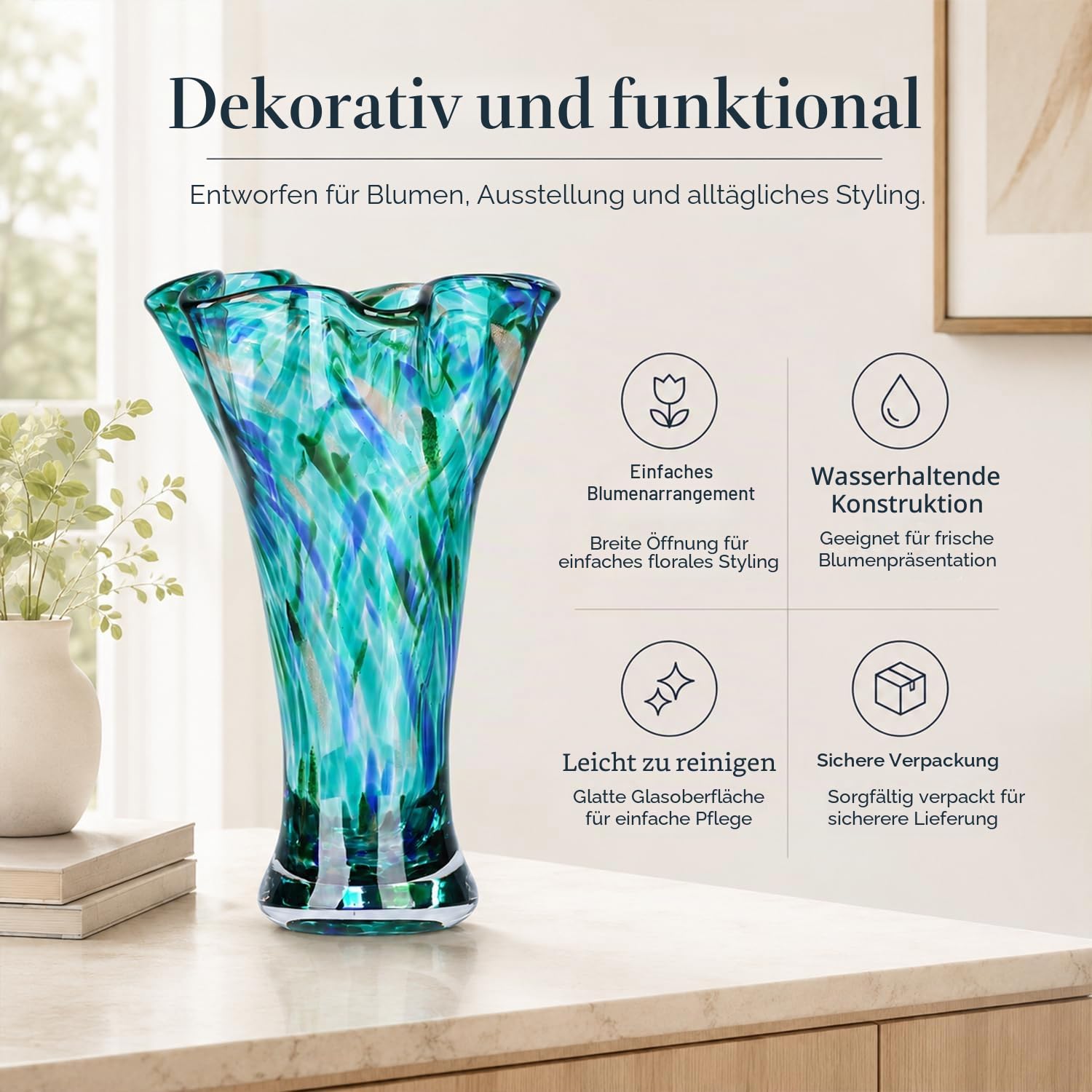 LCCCK Blaue Glasvasen von 22,9 cm Höhe für Blumen, handgefertigte mundgeblasene Glasvase, Innendekoration, Vase mit breitem Hals für grüne Blumen, Tischmitte, für Bücherregal, Tisch
