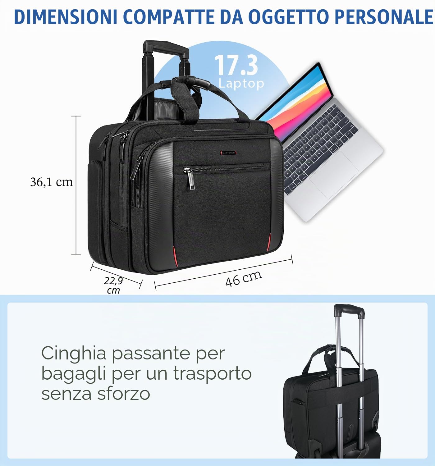 EMPSIGN Borsa porta PC 17,3 pollici con ruote, trolley impermeabile resistente, bagaglio a mano con tasca RFID, cartella con ruote per viaggio, lavoro e affari unisex - nera