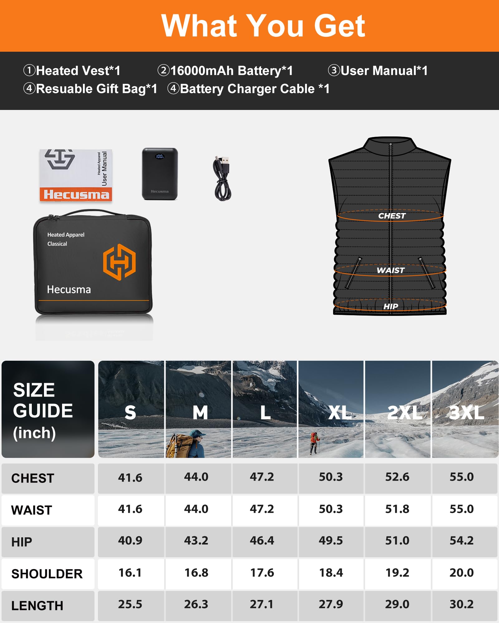 Pile Gilet Riscaldato Uomo con 16000mAh 7.4V Batteria Inclusa, Giubbotto Riscaldante per Uomini, Gilet Riscaldato in Pile per Caccia, Sci e Motociclismo all'Aperto-XL