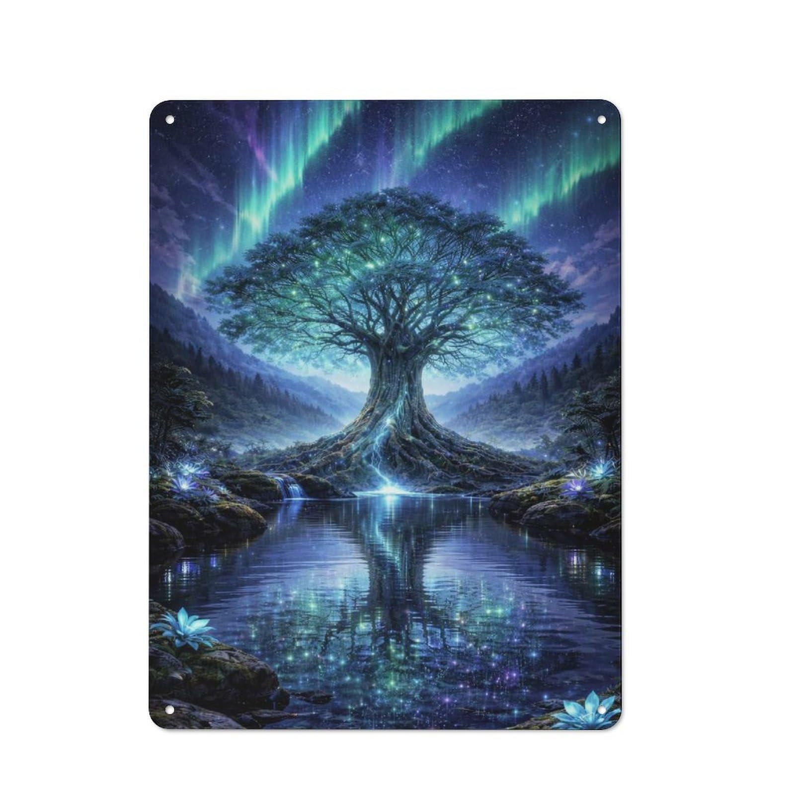 Workshop Style Tree of Life by A Lake Aurora Borealis Decorative Metal Plaque 40x30cm, Shed Wall Plaque for Tool Room, Garage, Studio Or Home Bar